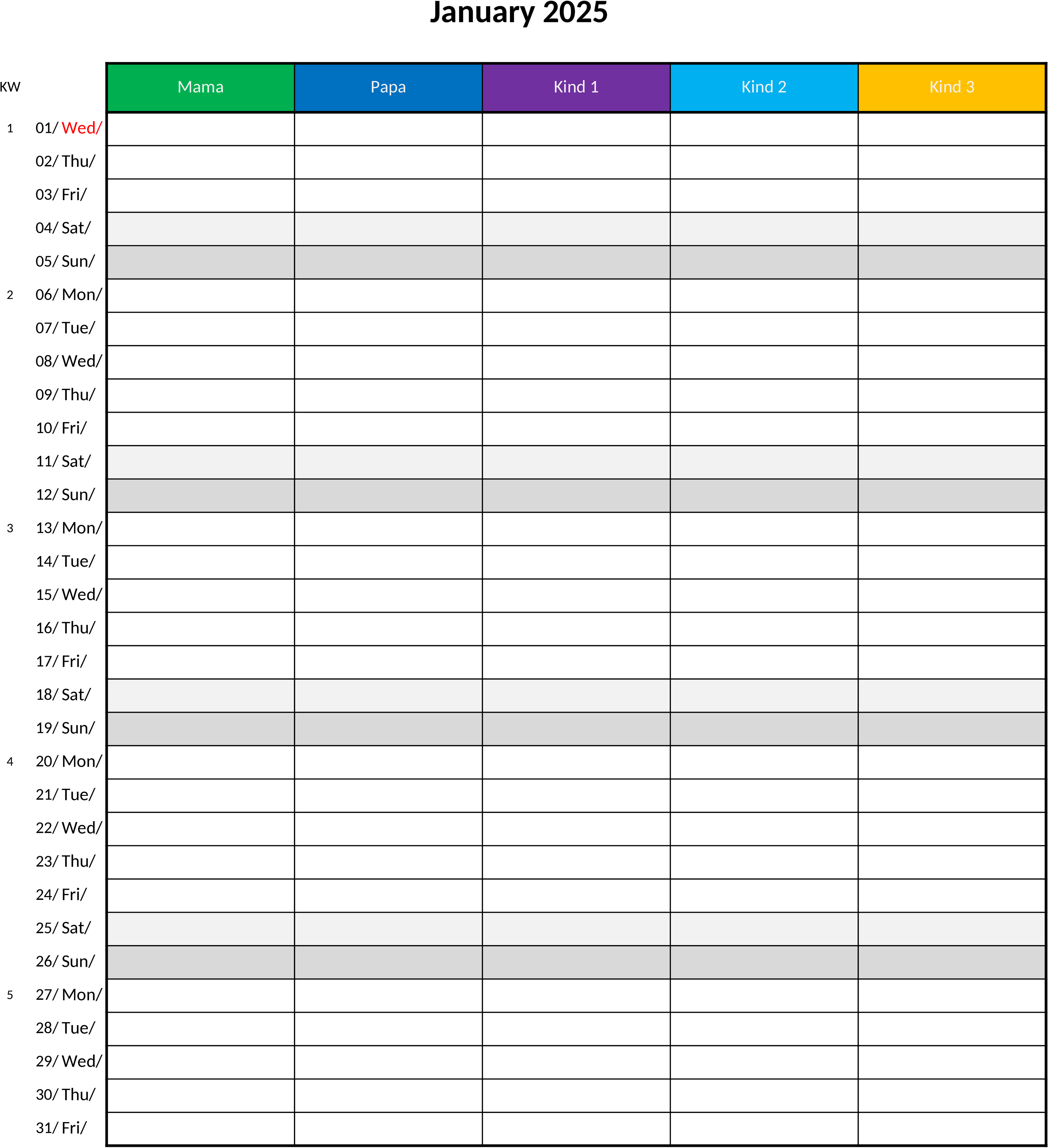 Excel-Vorlage für Familienkalender 2025 mit 5 Spalten
