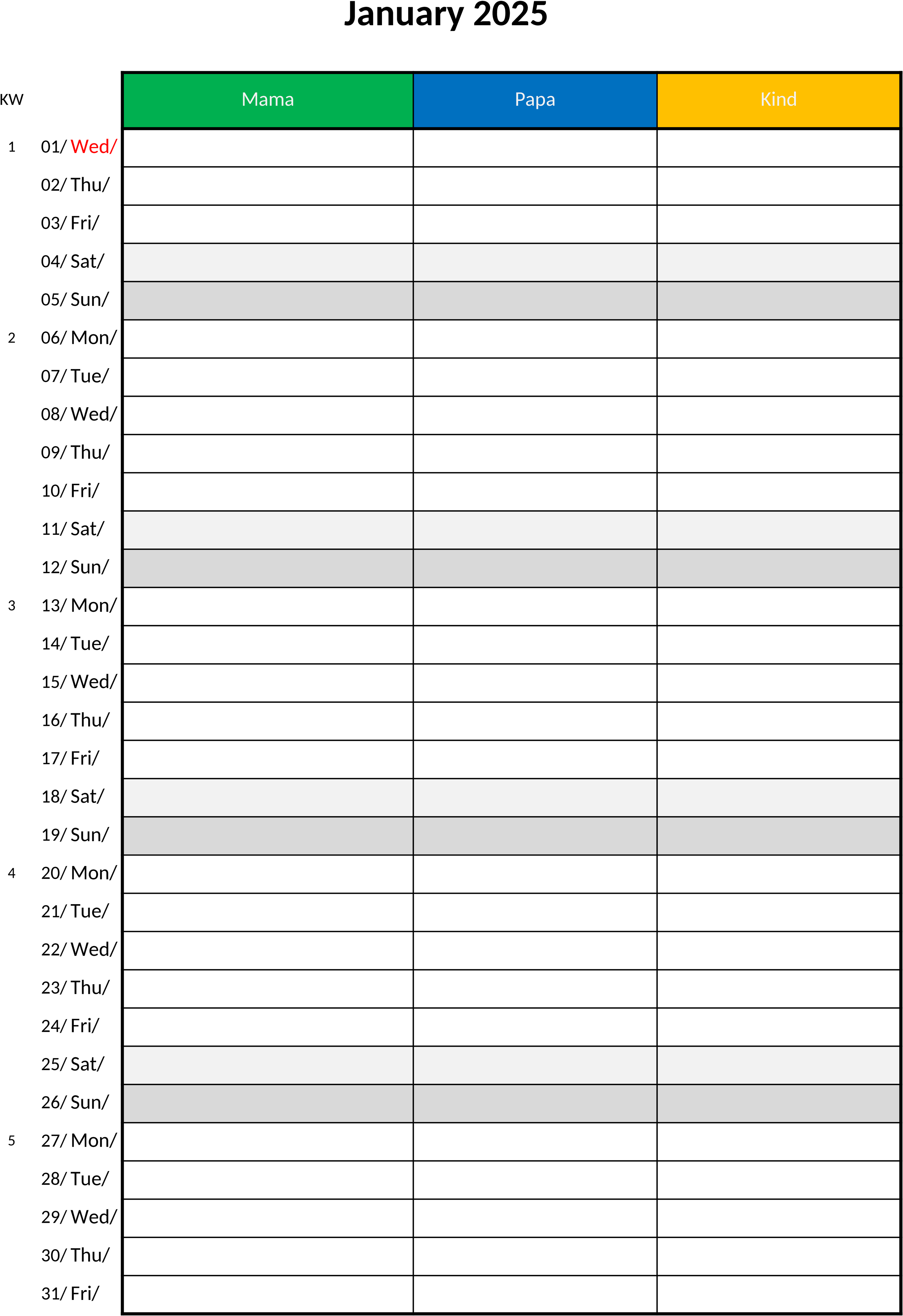 Excel-Vorlage: Familienkalender 2025 mit Drei Spalten