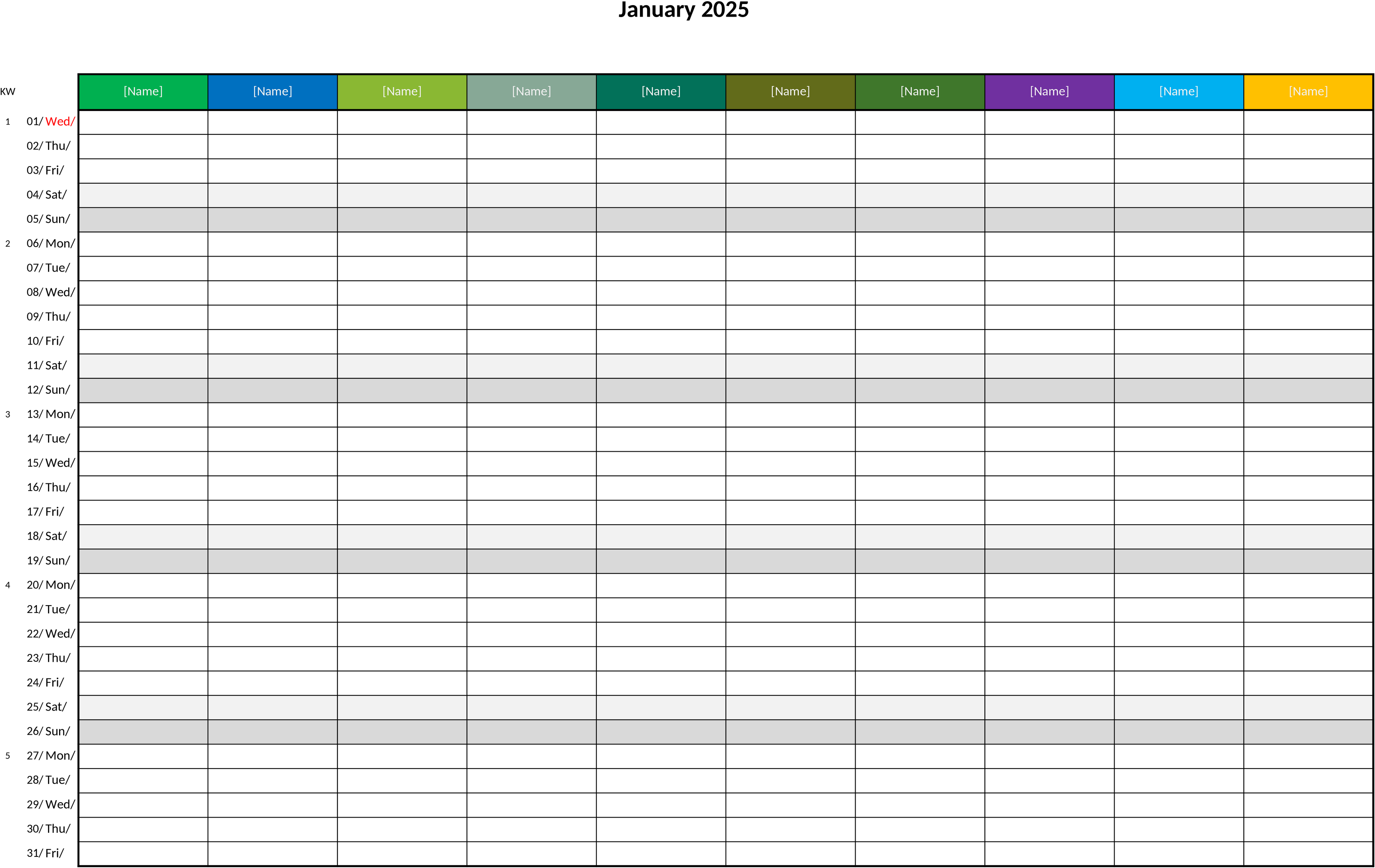 Excel-Vorlage: Familienkalender 2025 mit 10 Spalten