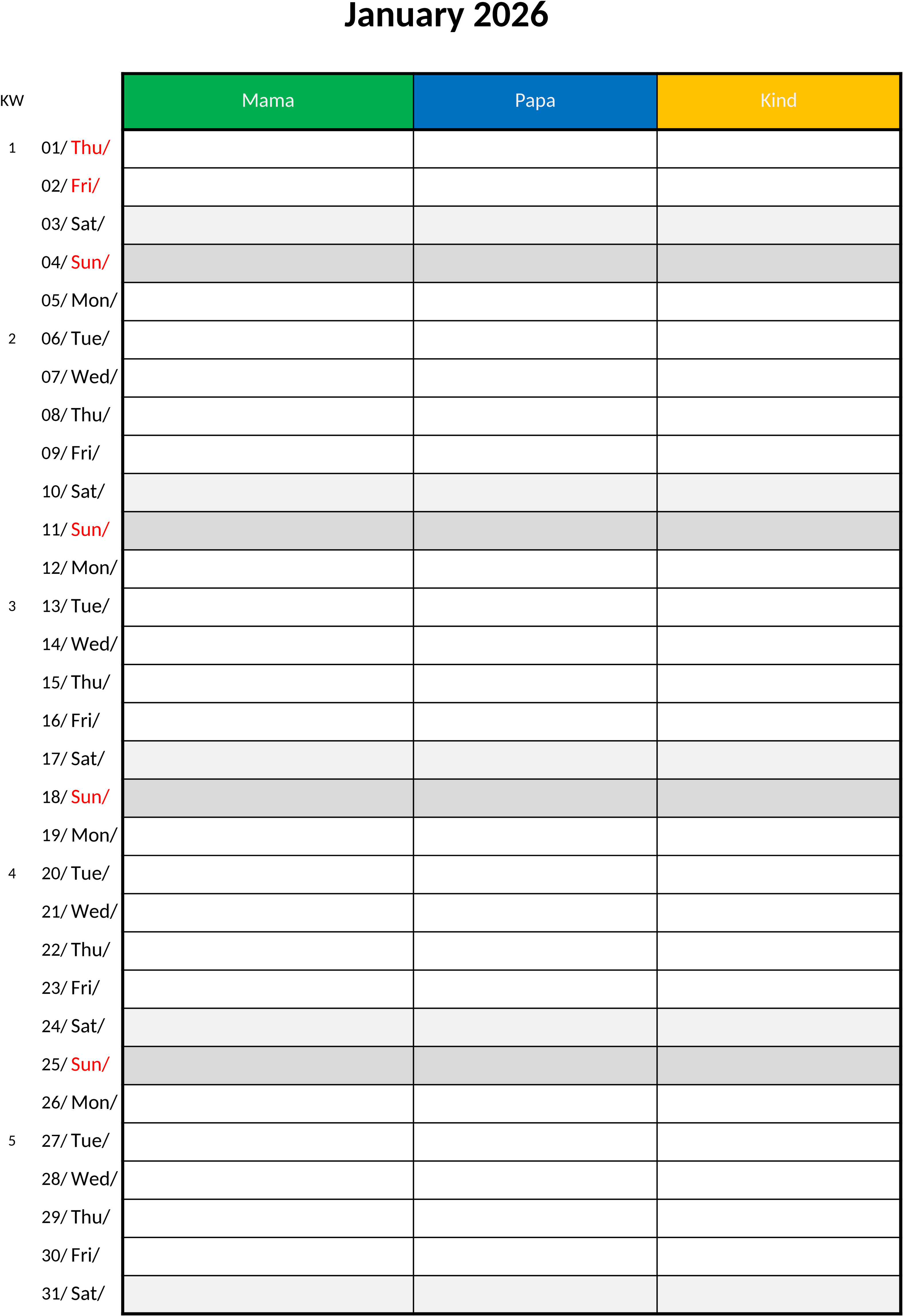 Excel-Vorlage Familienkalender 2026 mit 3 Spalten