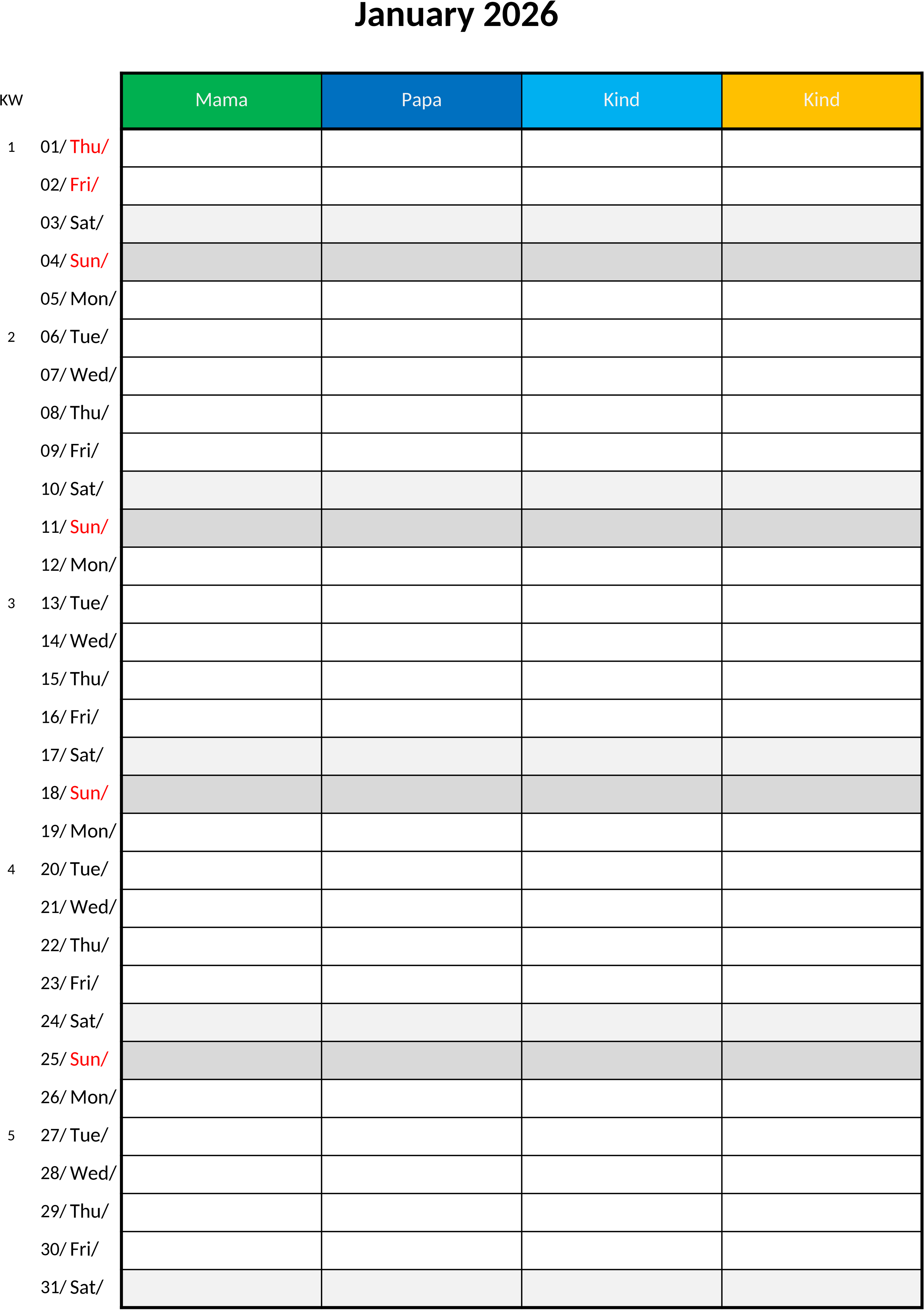 Excel-Vorlage für Familienkalender 2026 mit 4 Spalten