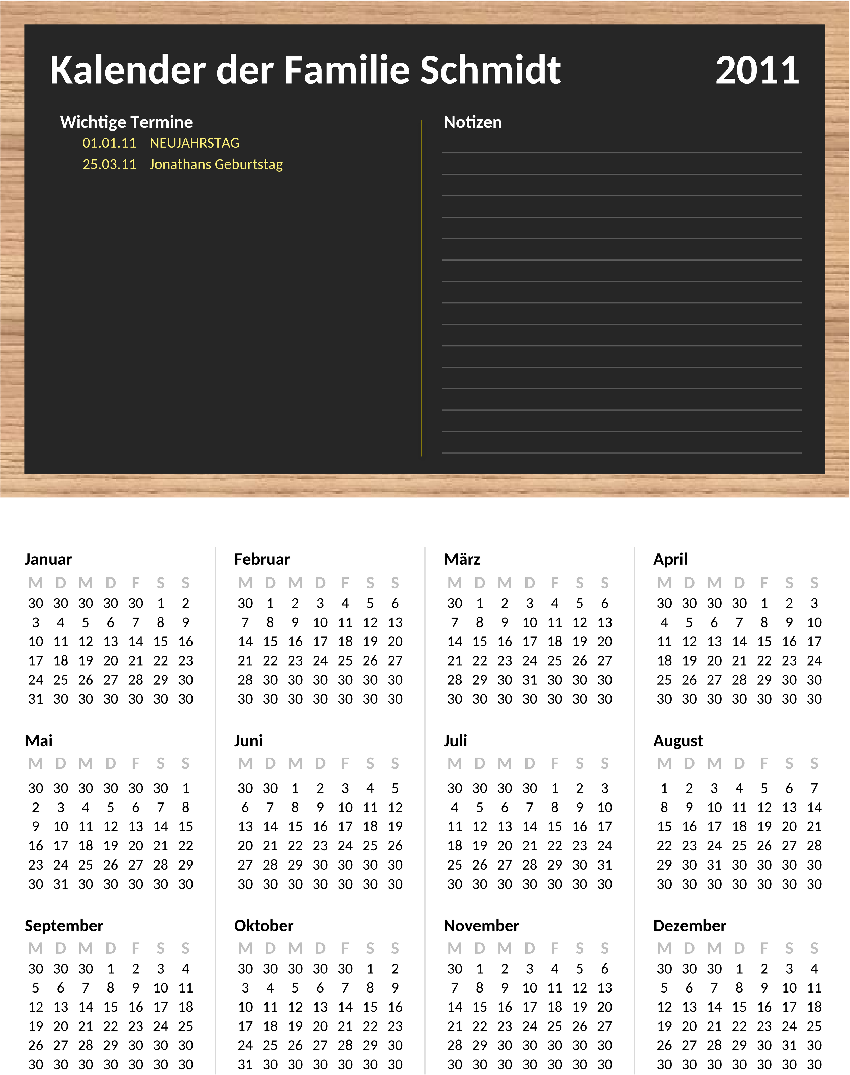 Excel-Vorlage: Familienkalender für effektive Planung