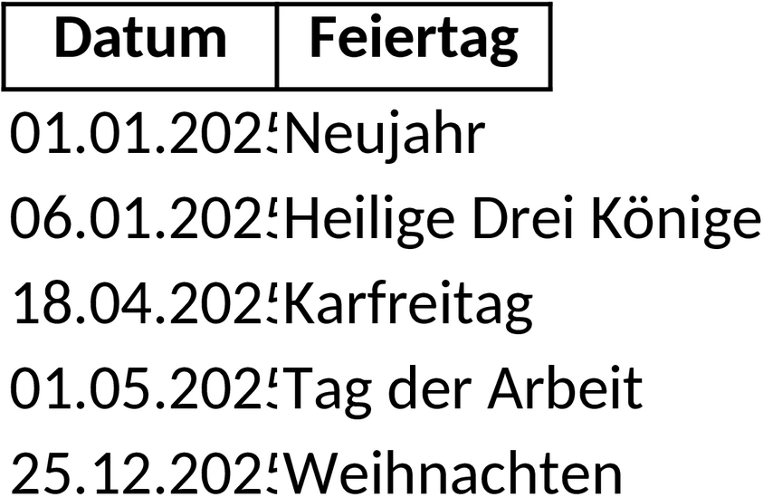 Excel-Vorlage für Feiertage 2025