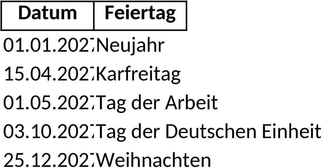 Excel-Vorlage für Feiertage 2027