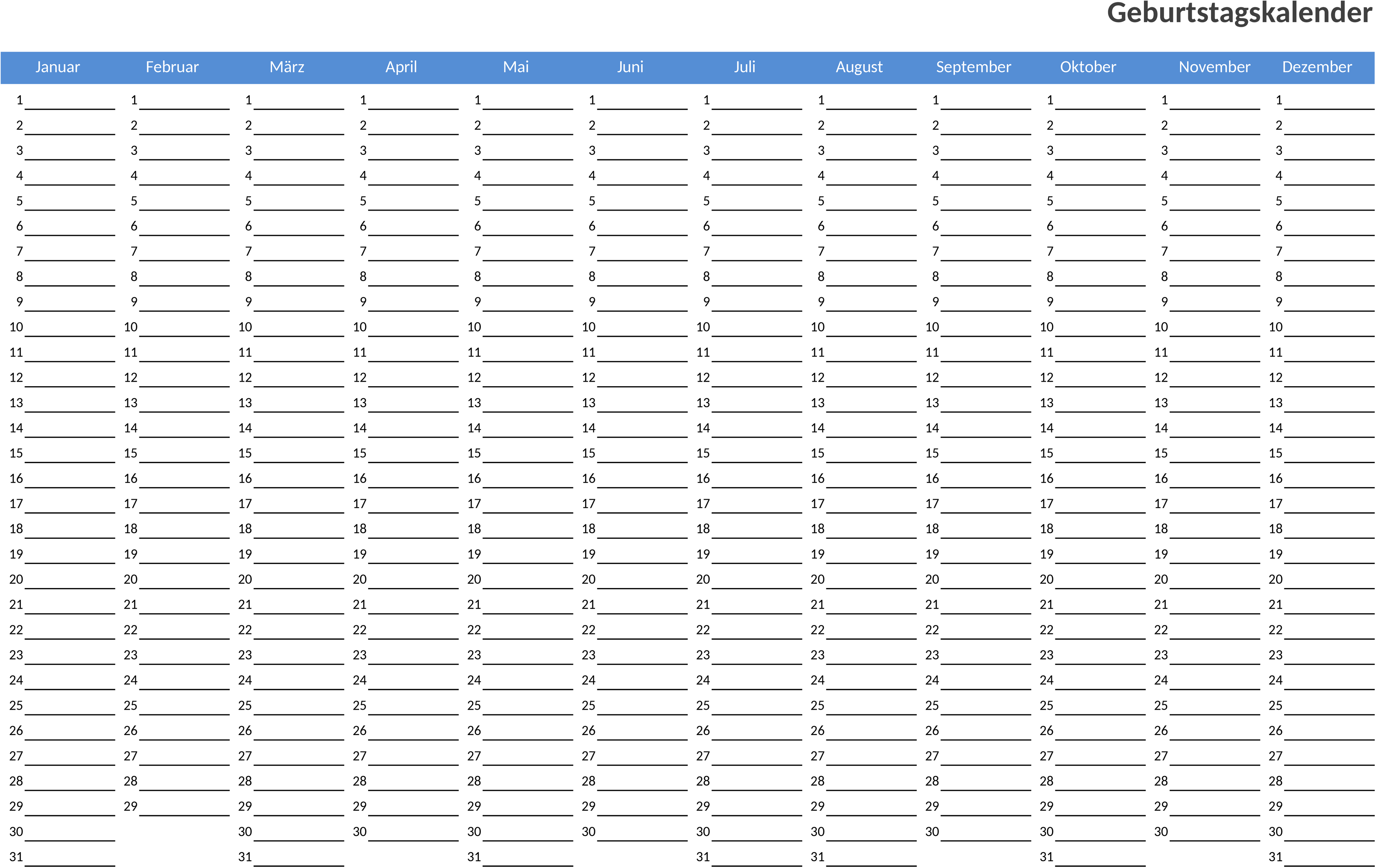 Excel-Vorlage für Geburtstagskalender im Querformat