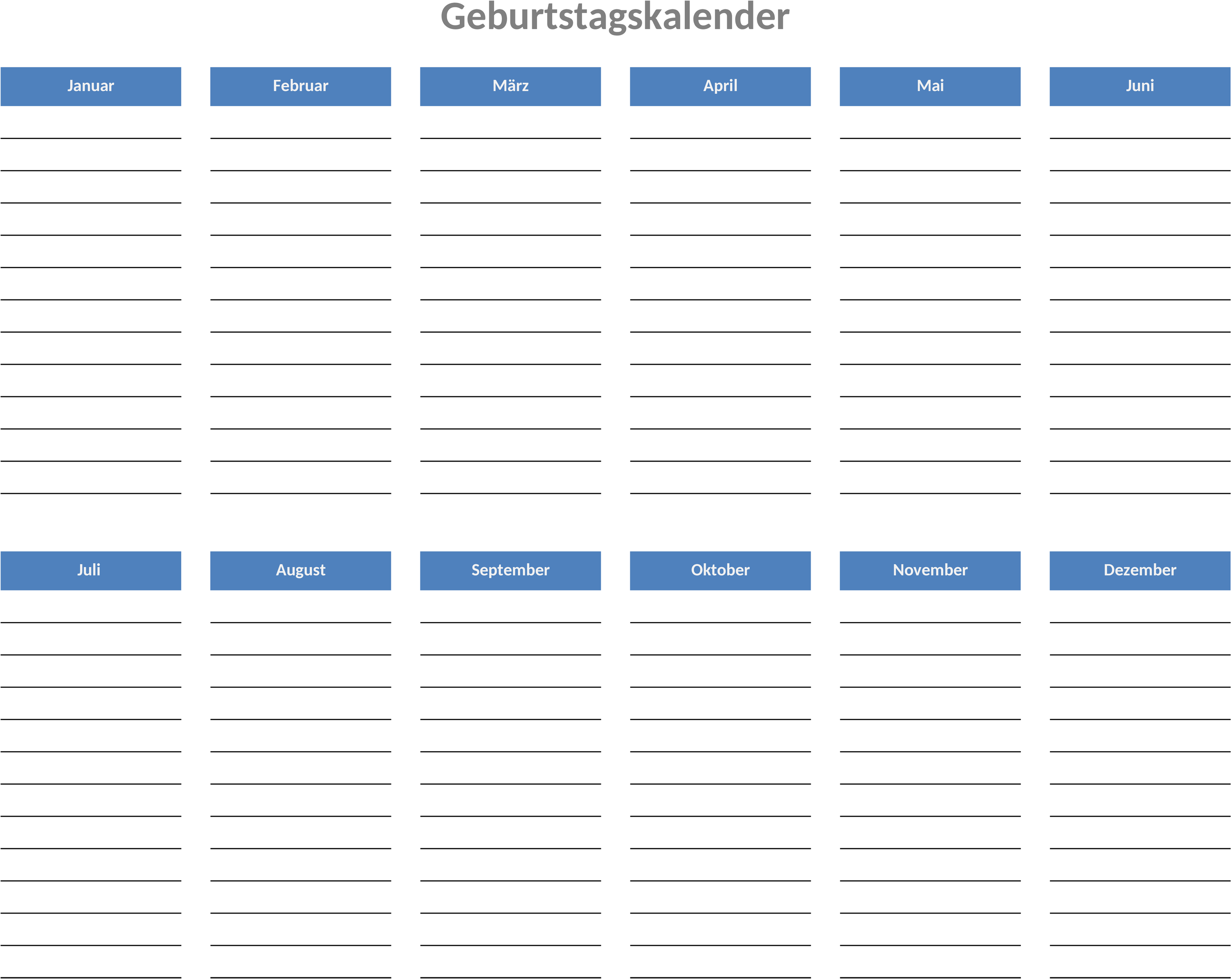 Excel-Vorlage Geburtstagskalender zum Ausdrucken