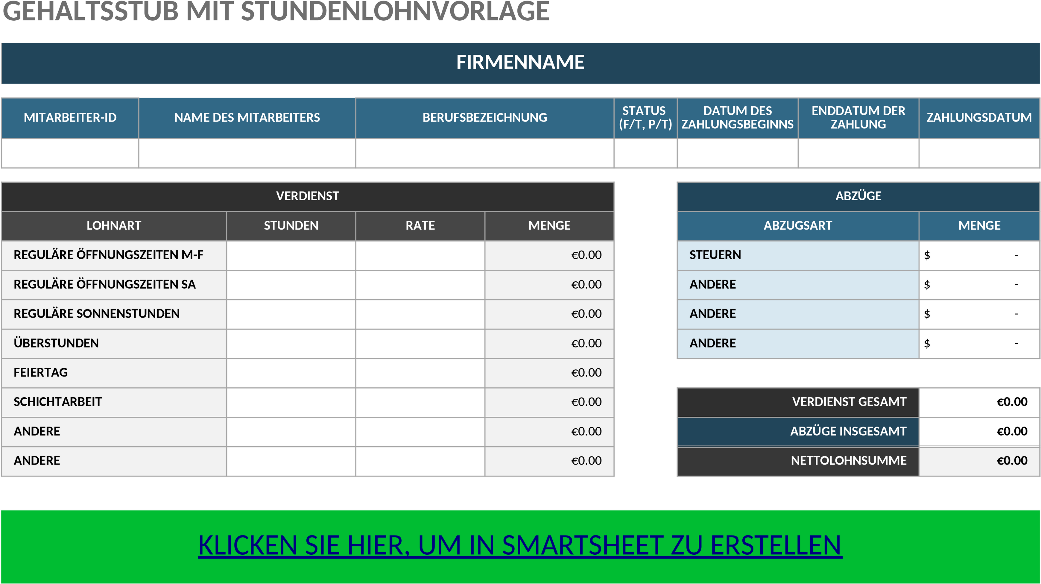 Excel-Vorlage zur Gehaltsabrechnung mit Stundenlohn