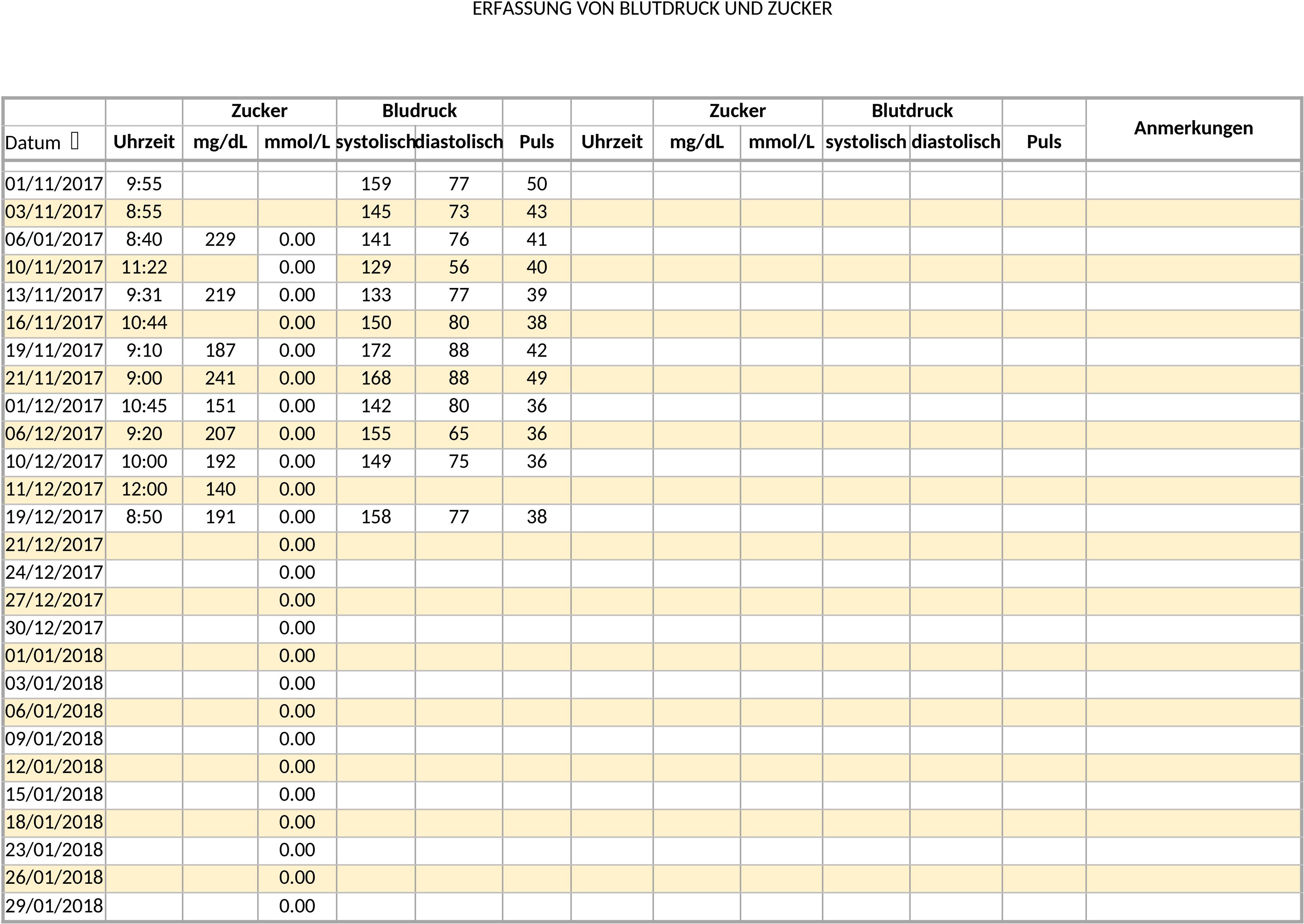 Excel-Vorlage zur Gesundheitsüberwachung: Blutdruck und Blutzucker
