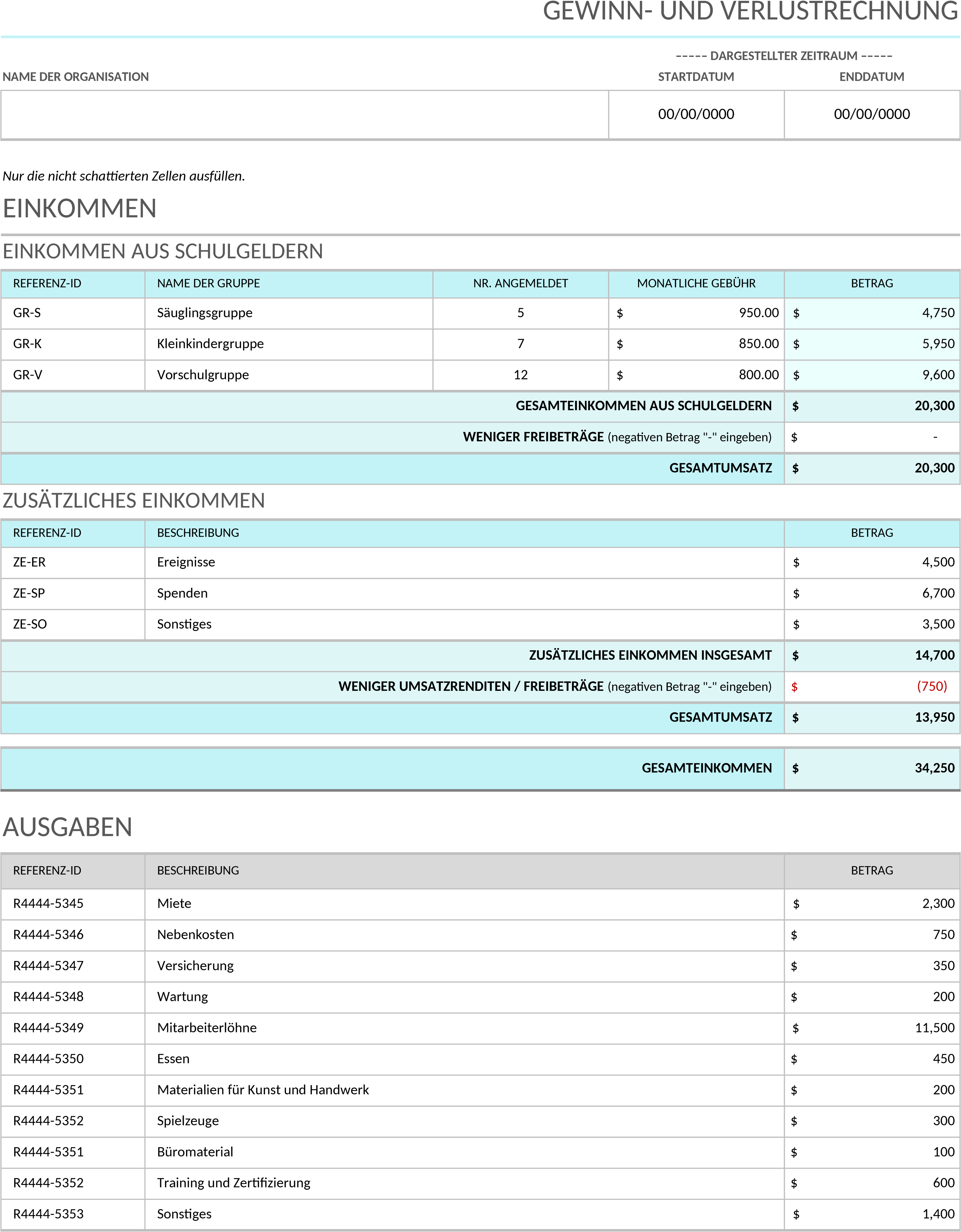 Excel-Vorlage für Gewinn- und Verlustrechnung für Kindertagesstätten
