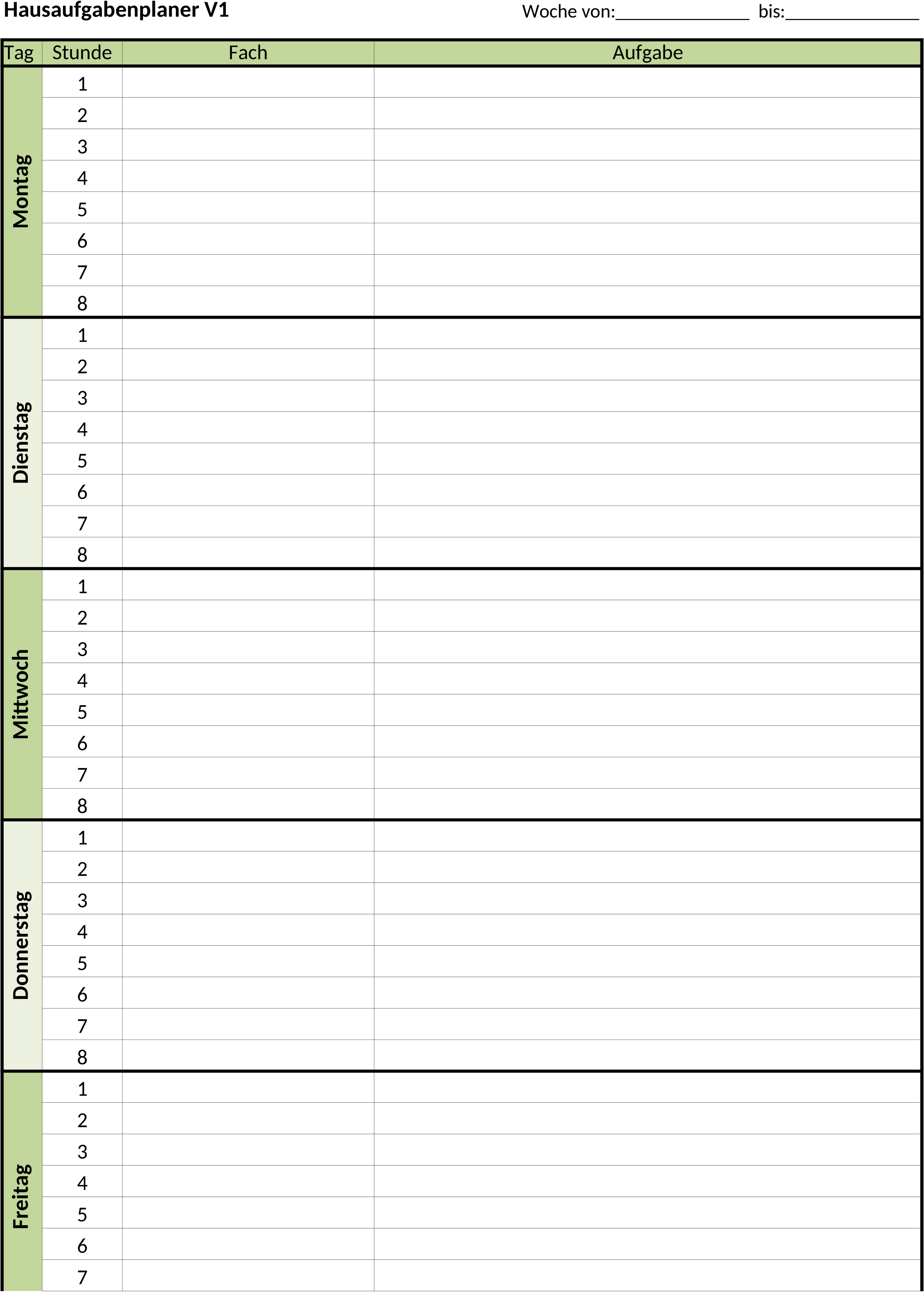 Excel-Vorlage für Hausaufgabenplanung
