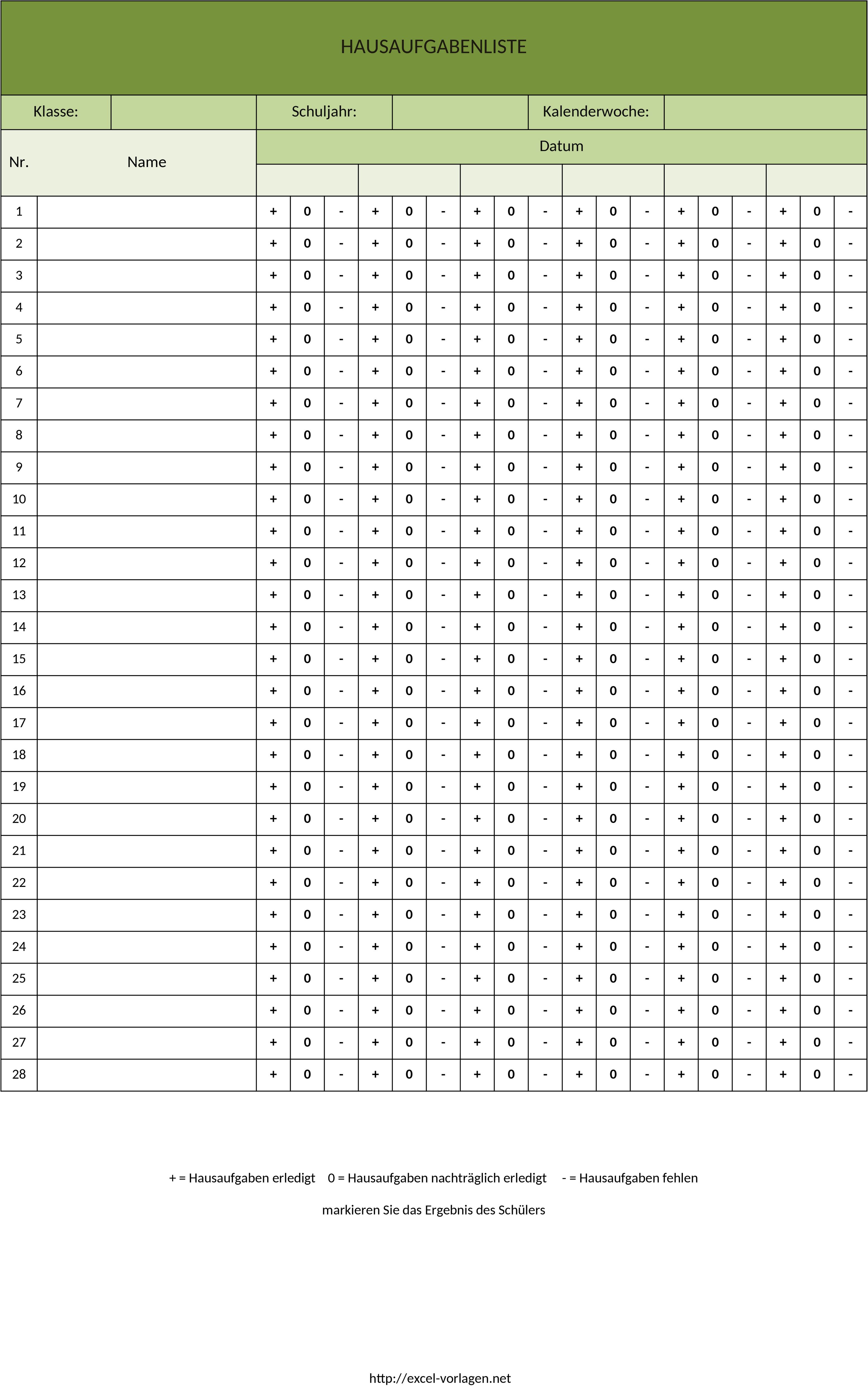 Excel-Vorlage: Hausaufgabenliste für Lehrer