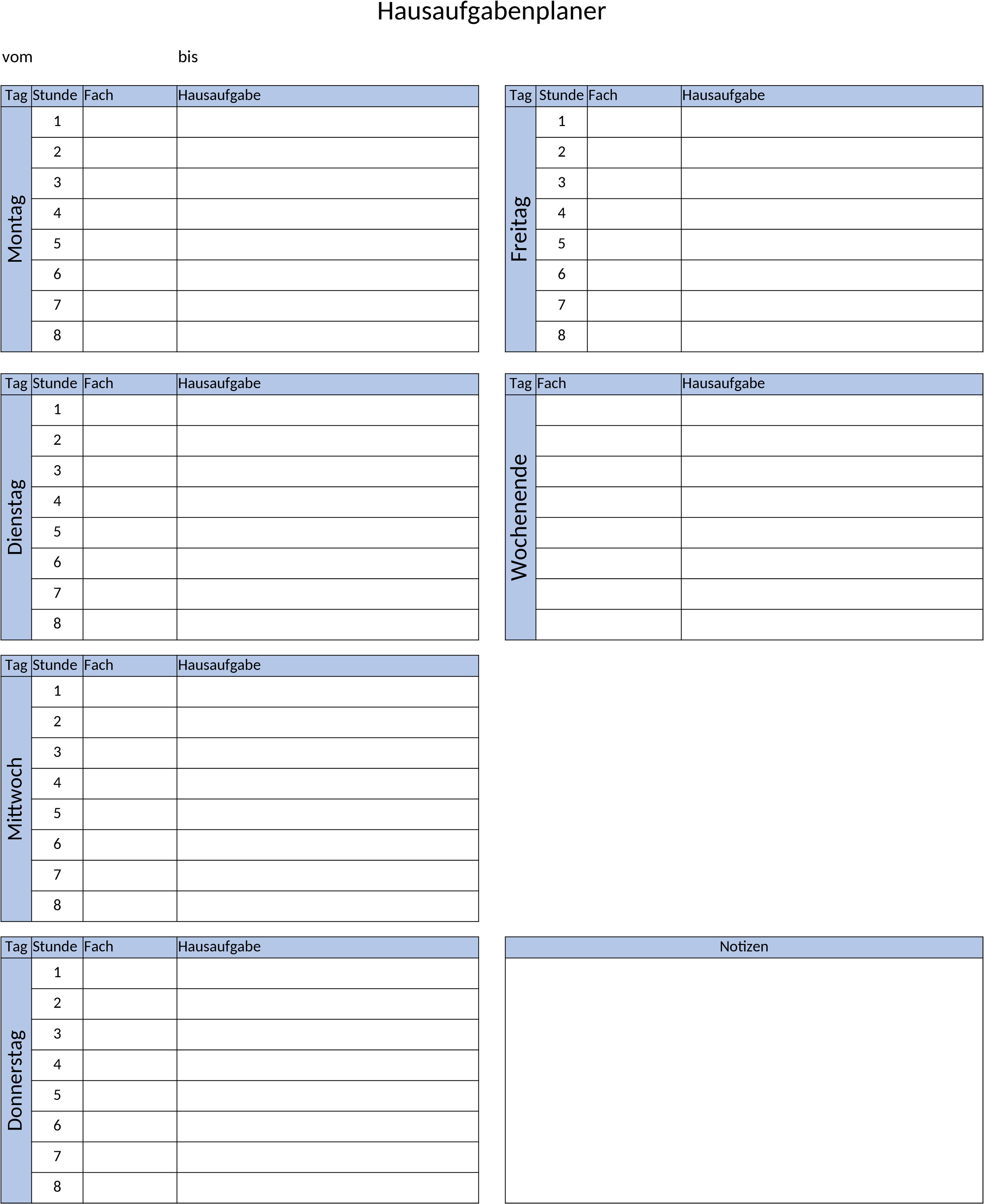Hausaufgabenplaner Excel-Vorlage für Schüler