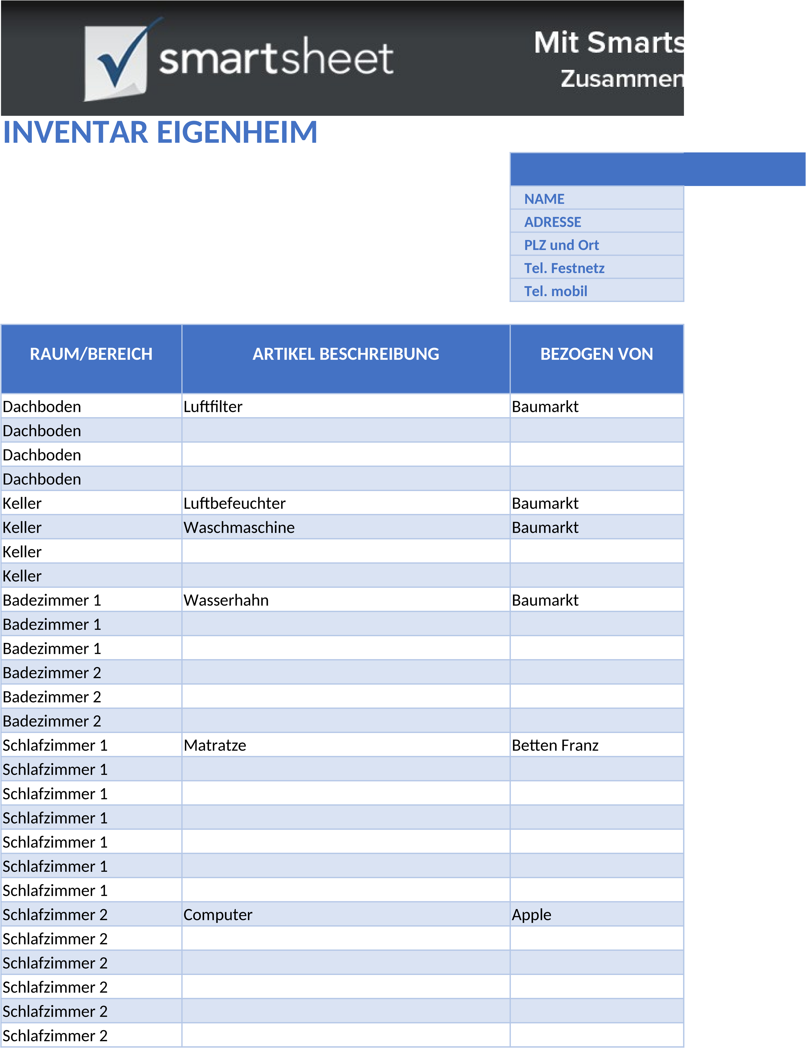 Excel-Vorlage für Haushaltsinventarverwaltung