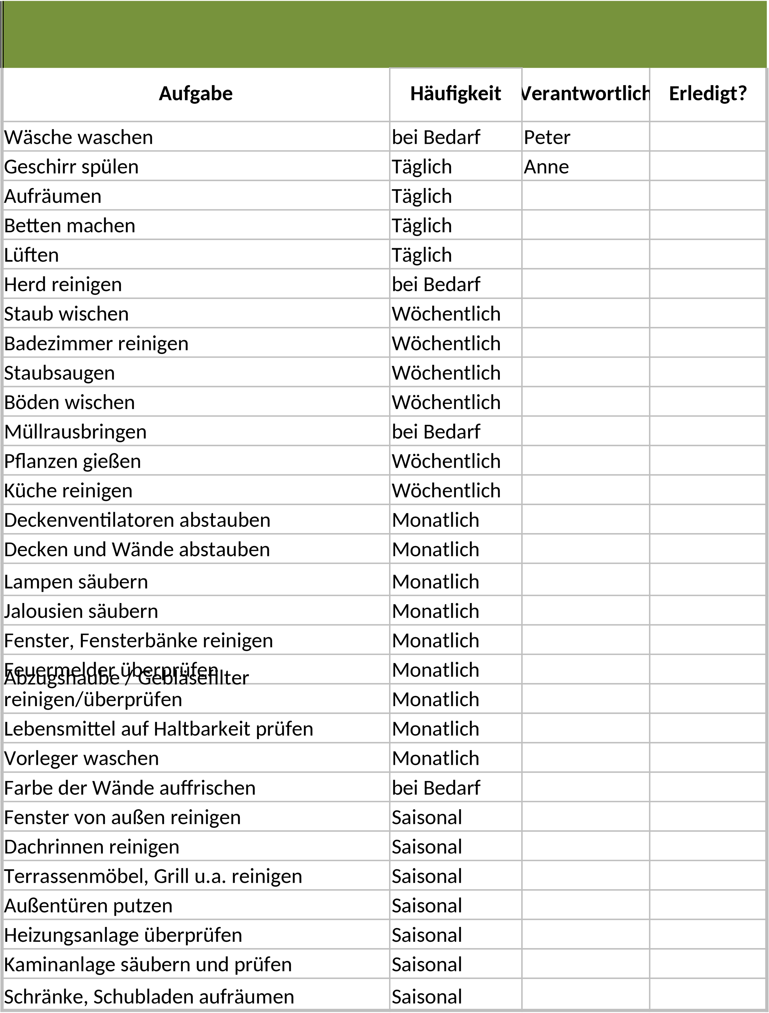Excel-Vorlage für Hausreinigung und Putzpläne