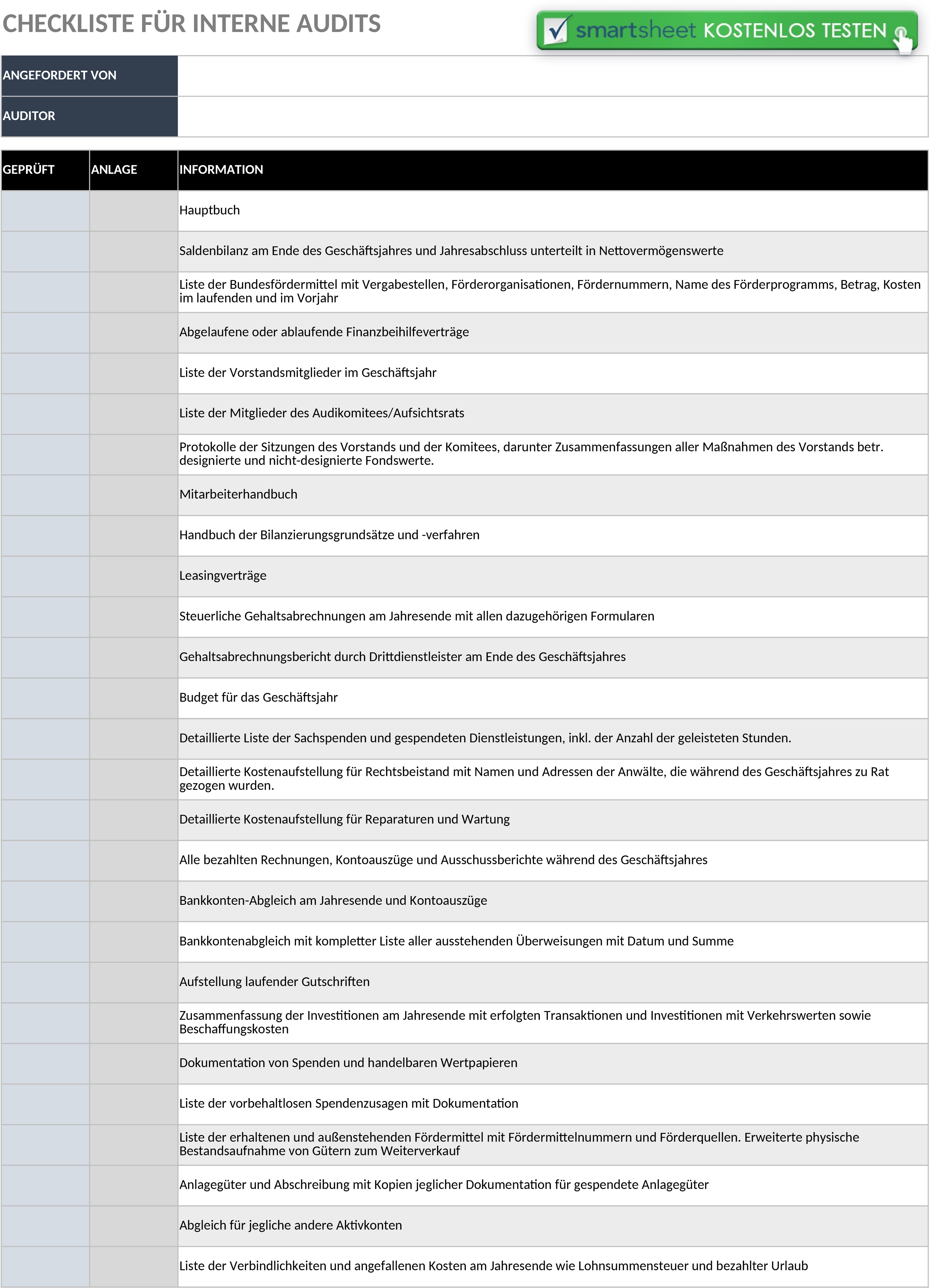 Excel-Vorlage für Interne Audit-Checkliste