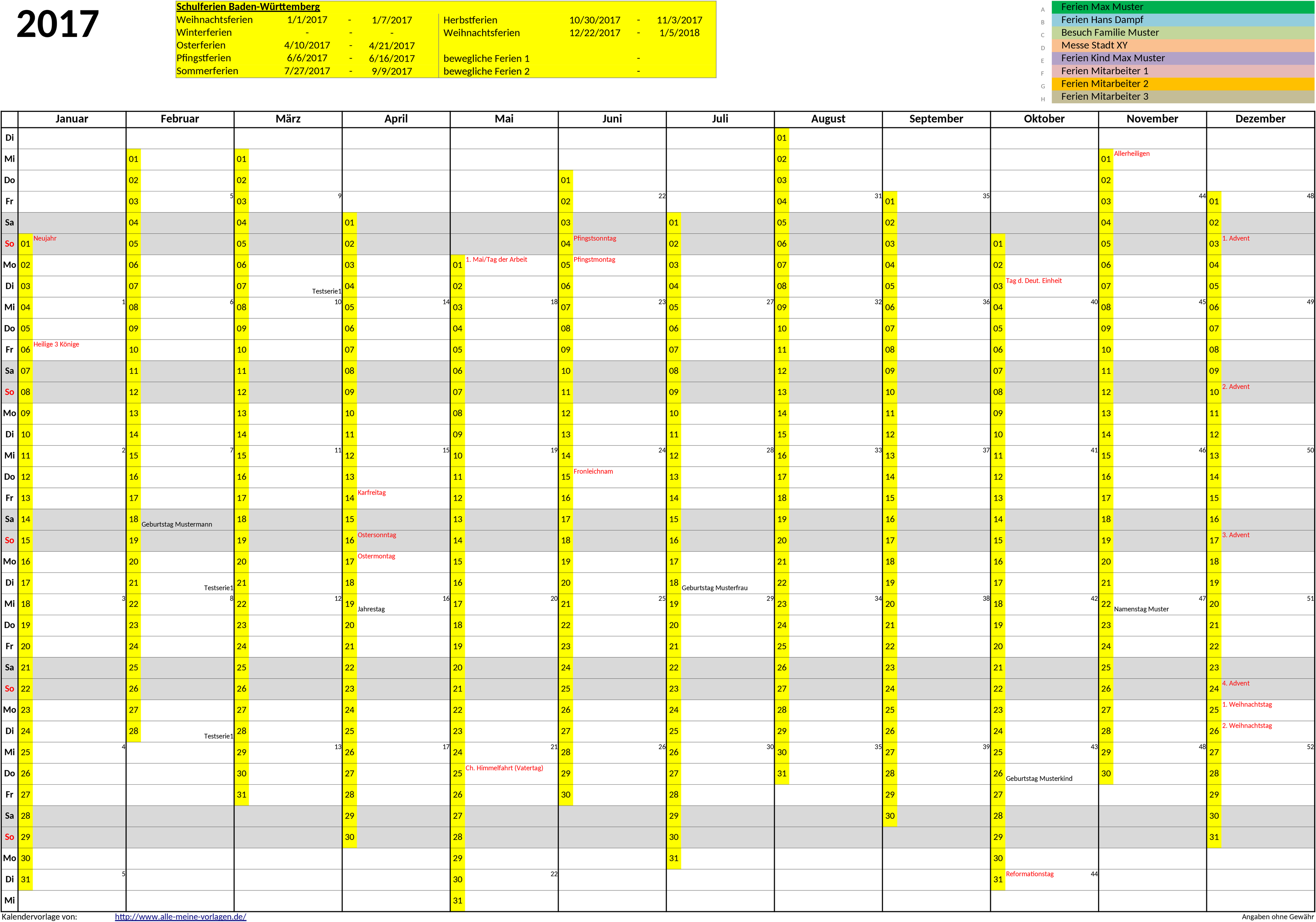 Excel-Vorlage für Jahreskalender 2017