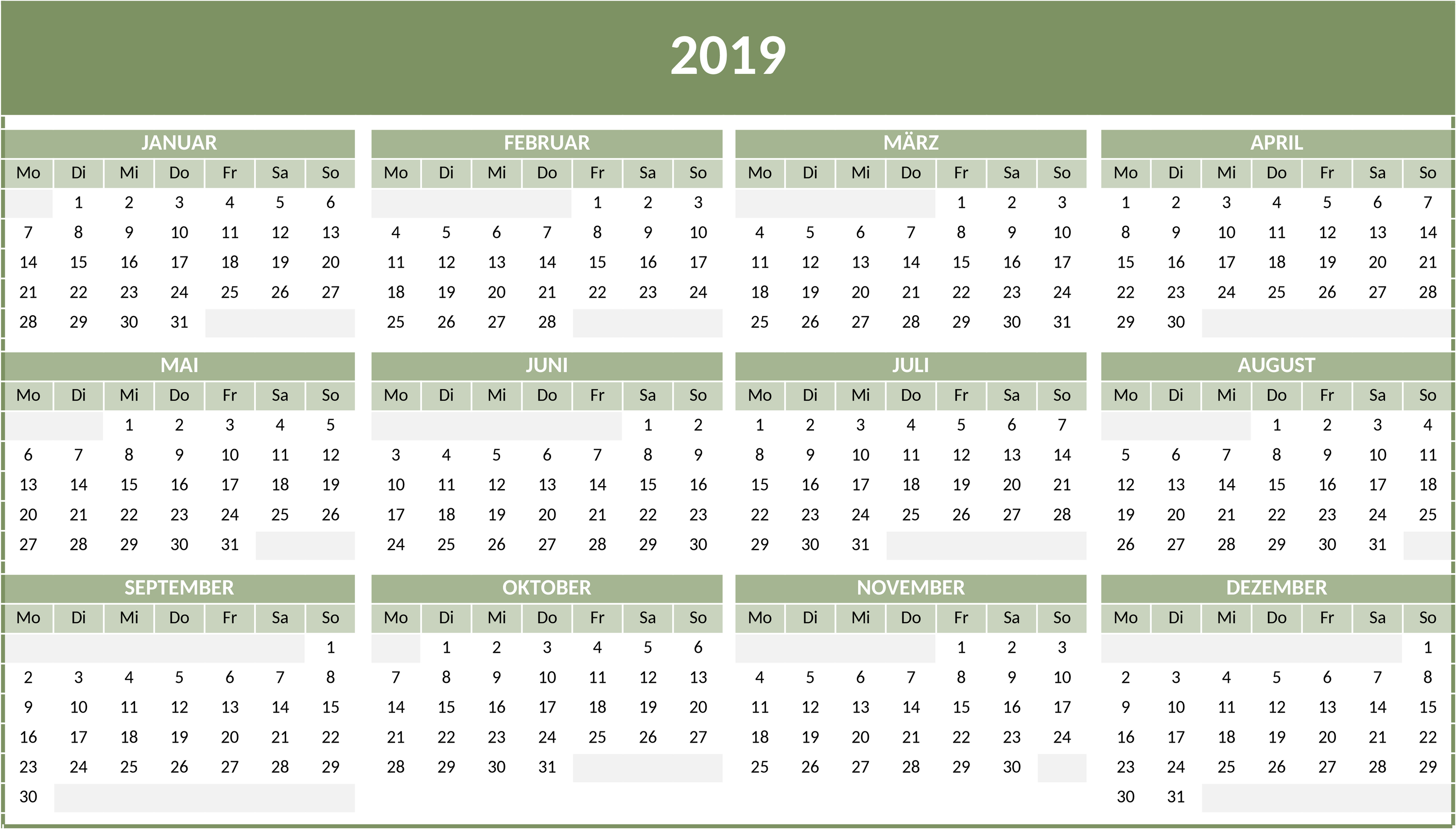 Excel-Vorlage: Jahreskalender für 2019 in Grün