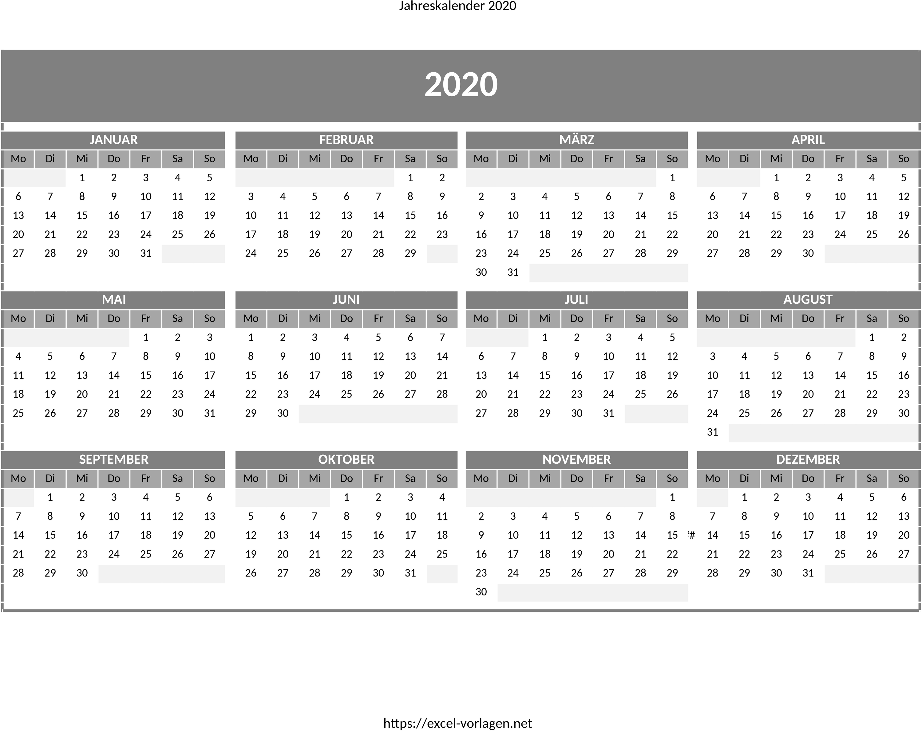 Excel-Vorlage: Jahreskalender 2020 für Planung und Organisation