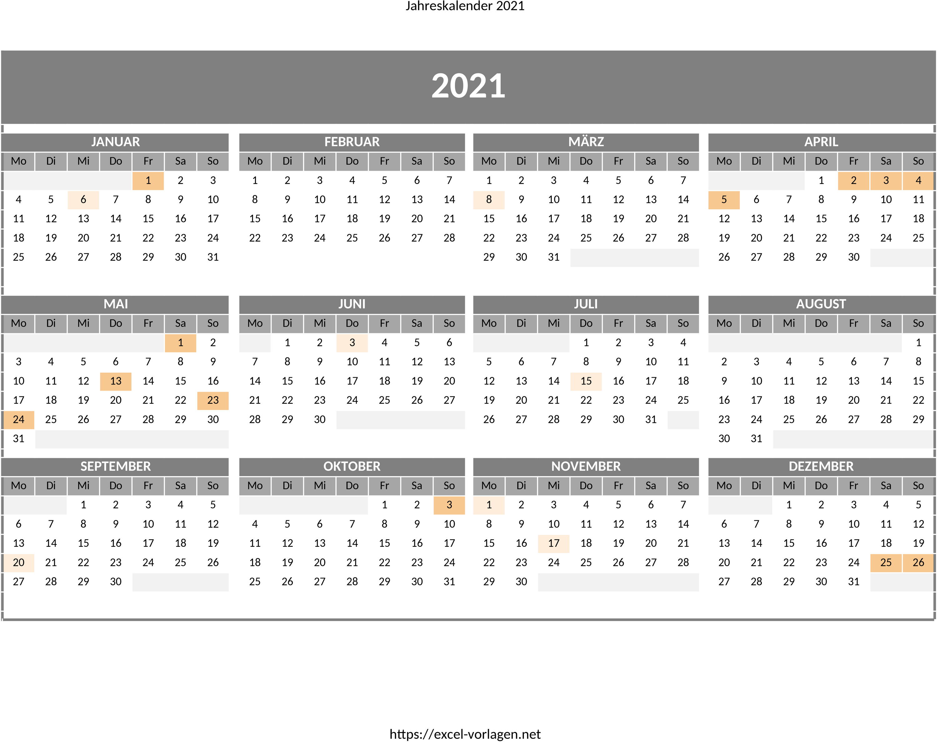 Excel-Vorlage für Jahreskalender mit Feiertagen 2021