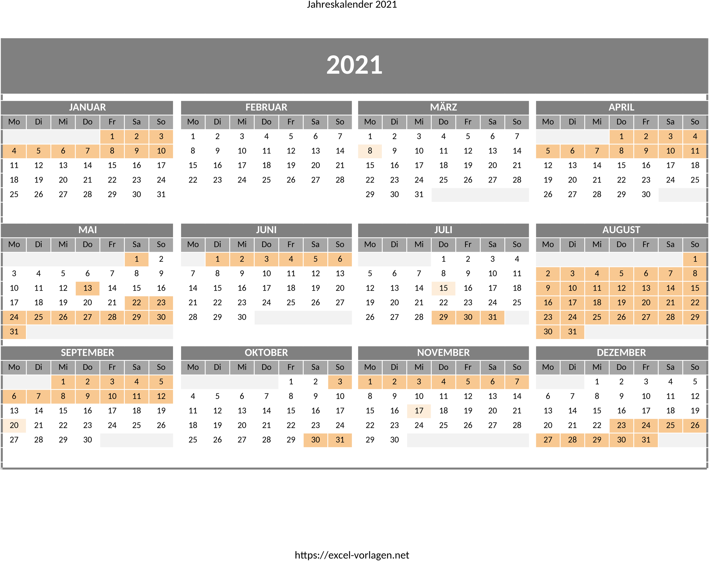 Excel-Vorlage für Jahreskalender mit Feiertagen in Baden-Württemberg