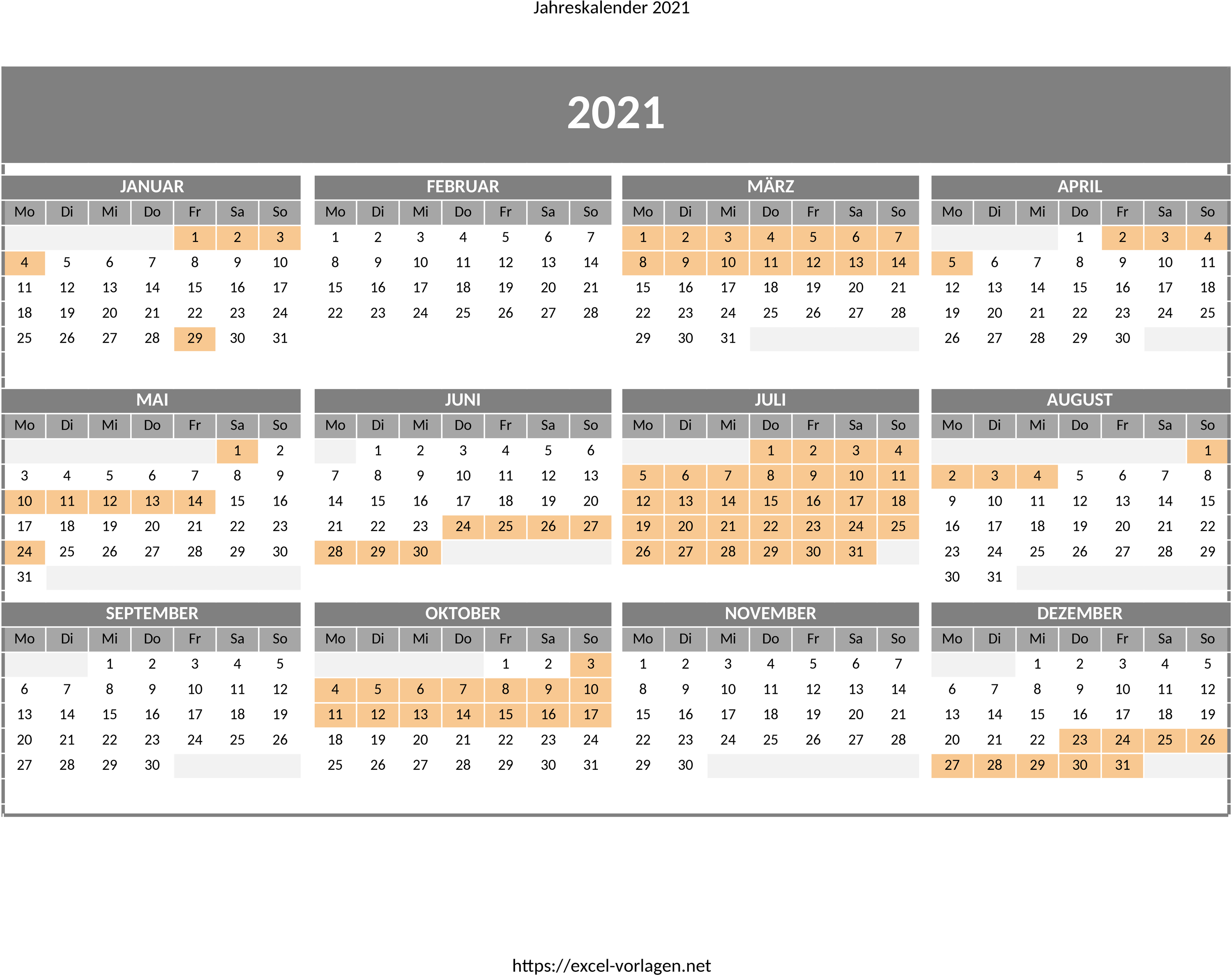 Excel-Vorlage Jahreskalender mit Feiertagen und Ferien Hamburg 2021