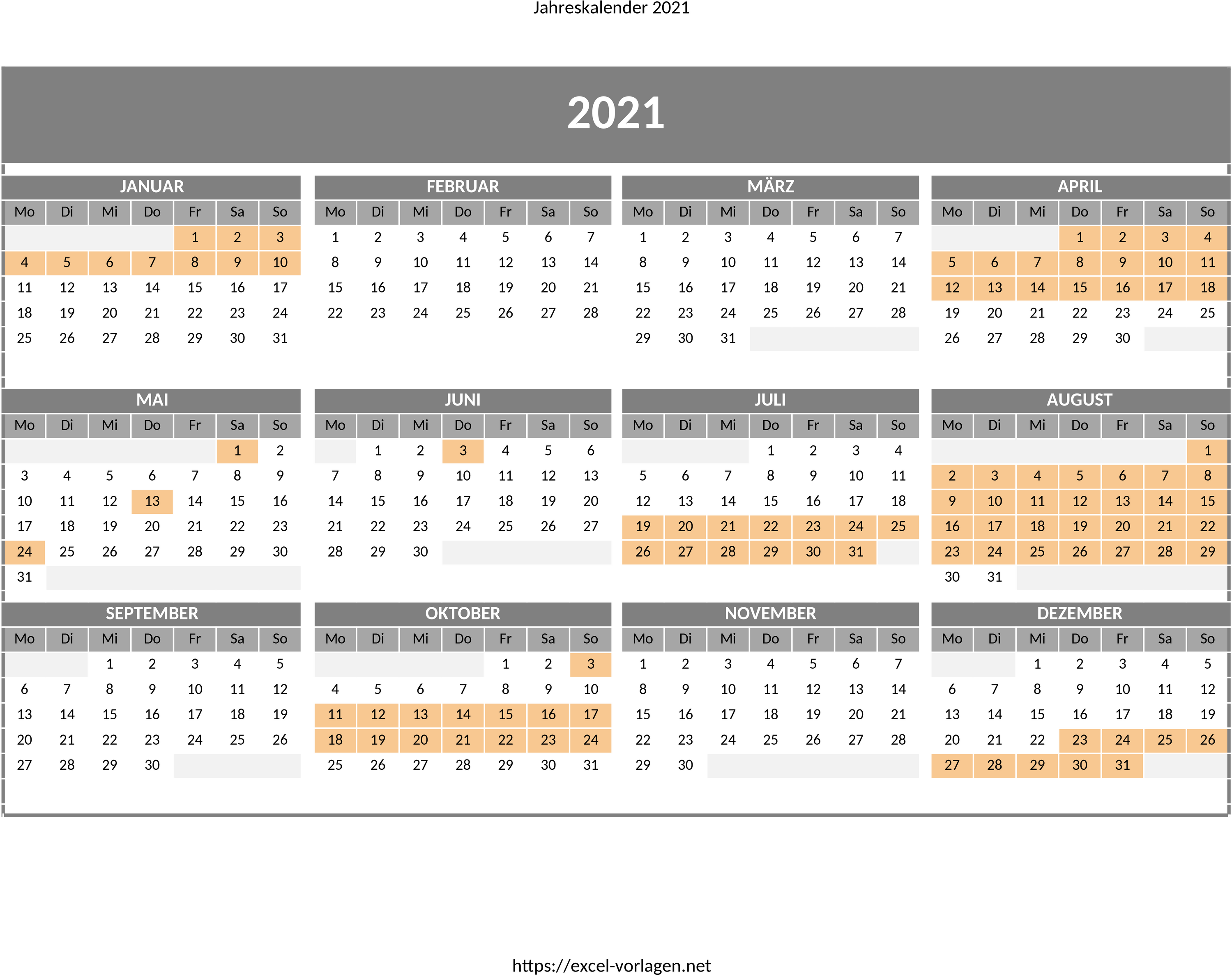 Excel-Vorlage Jahreskalender 2021 mit Feiertagen in Hessen
