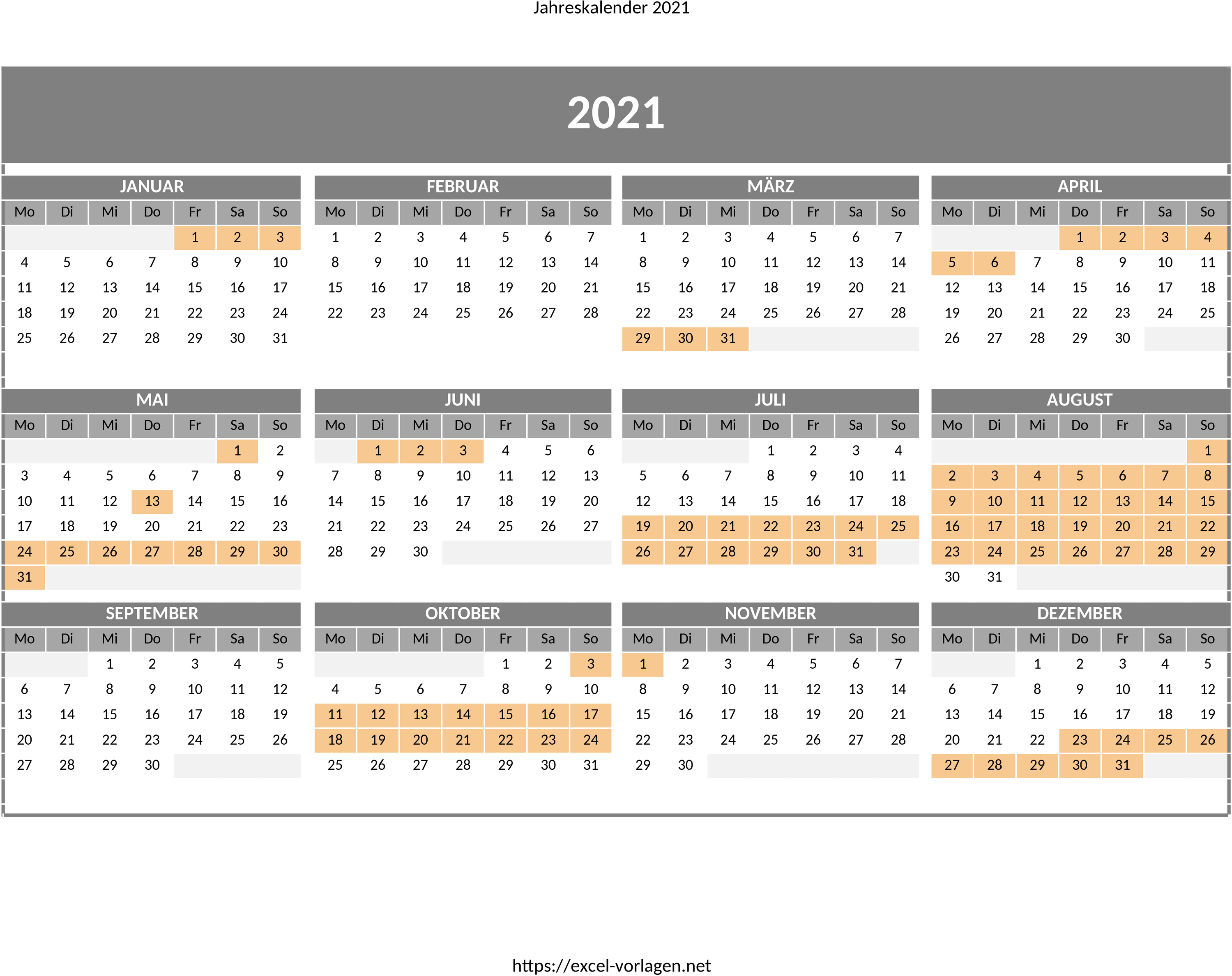 Excel-Vorlage Jahreskalender 2021 mit Ferien für Rheinland-Pfalz