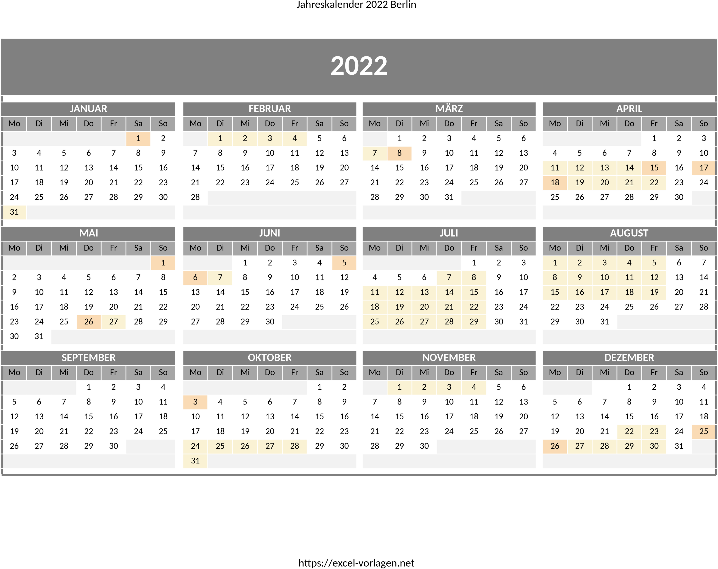 Excel-Vorlage Jahreskalender 2022 für Berlin