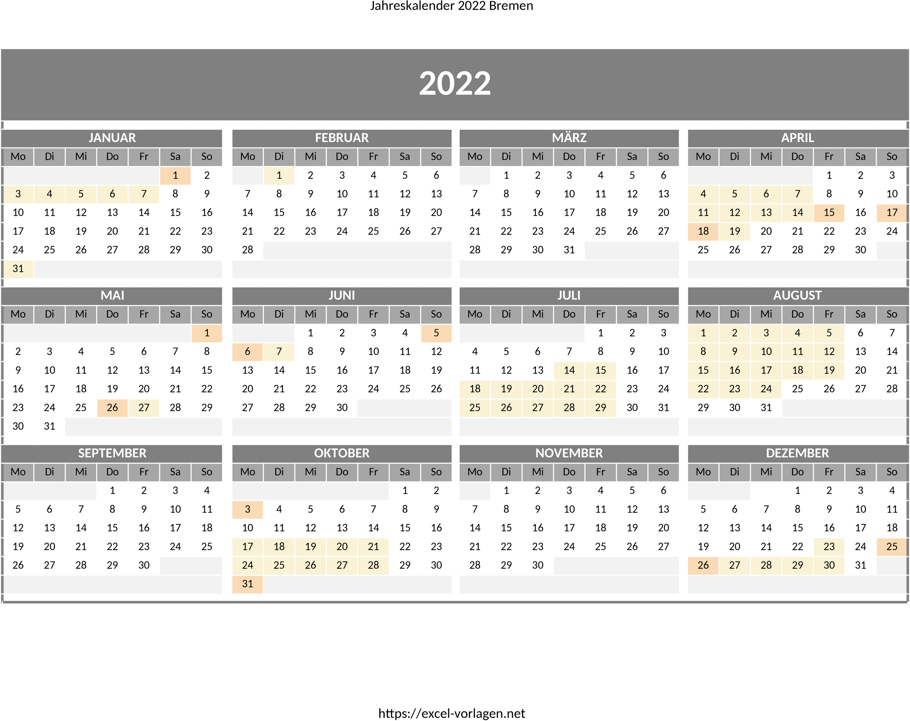 Excel-Vorlage für Jahreskalender 2022 Bremen