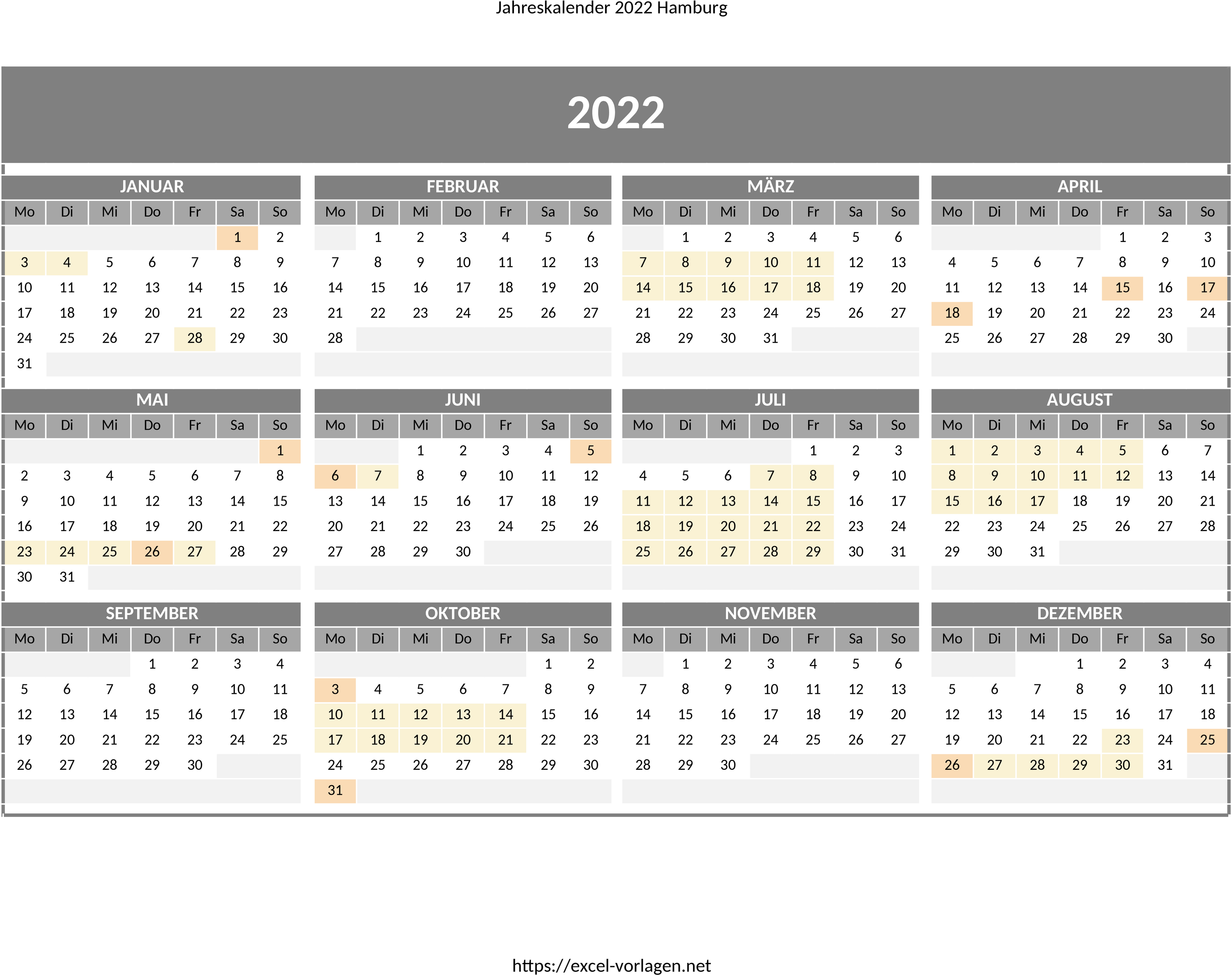 Excel-Vorlage: Jahreskalender 2022 für Hamburg