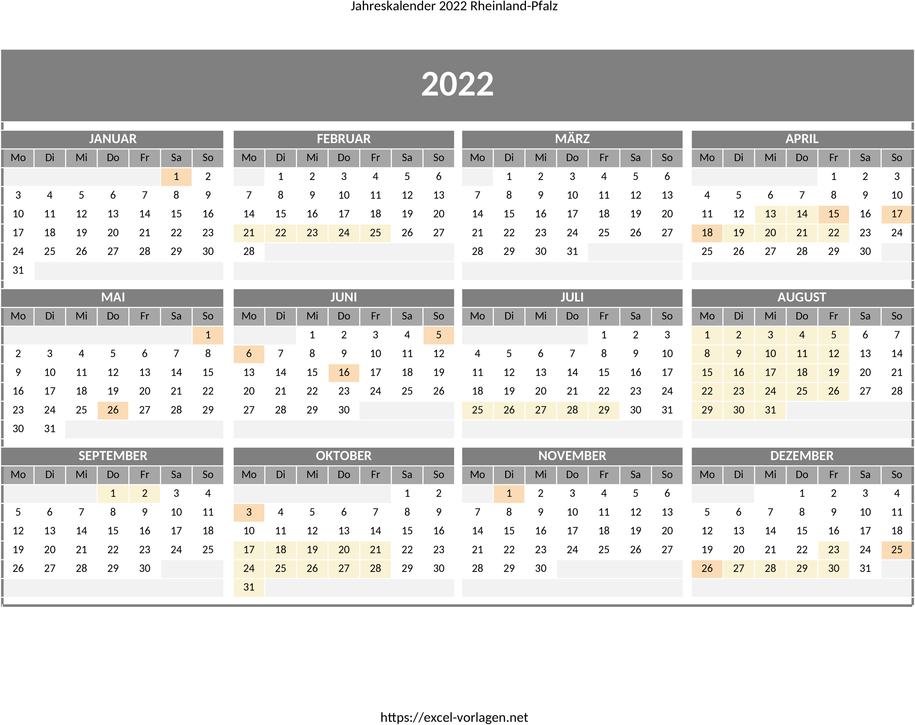 Excel-Vorlage für Jahreskalender 2022 Rheinland-Pfalz