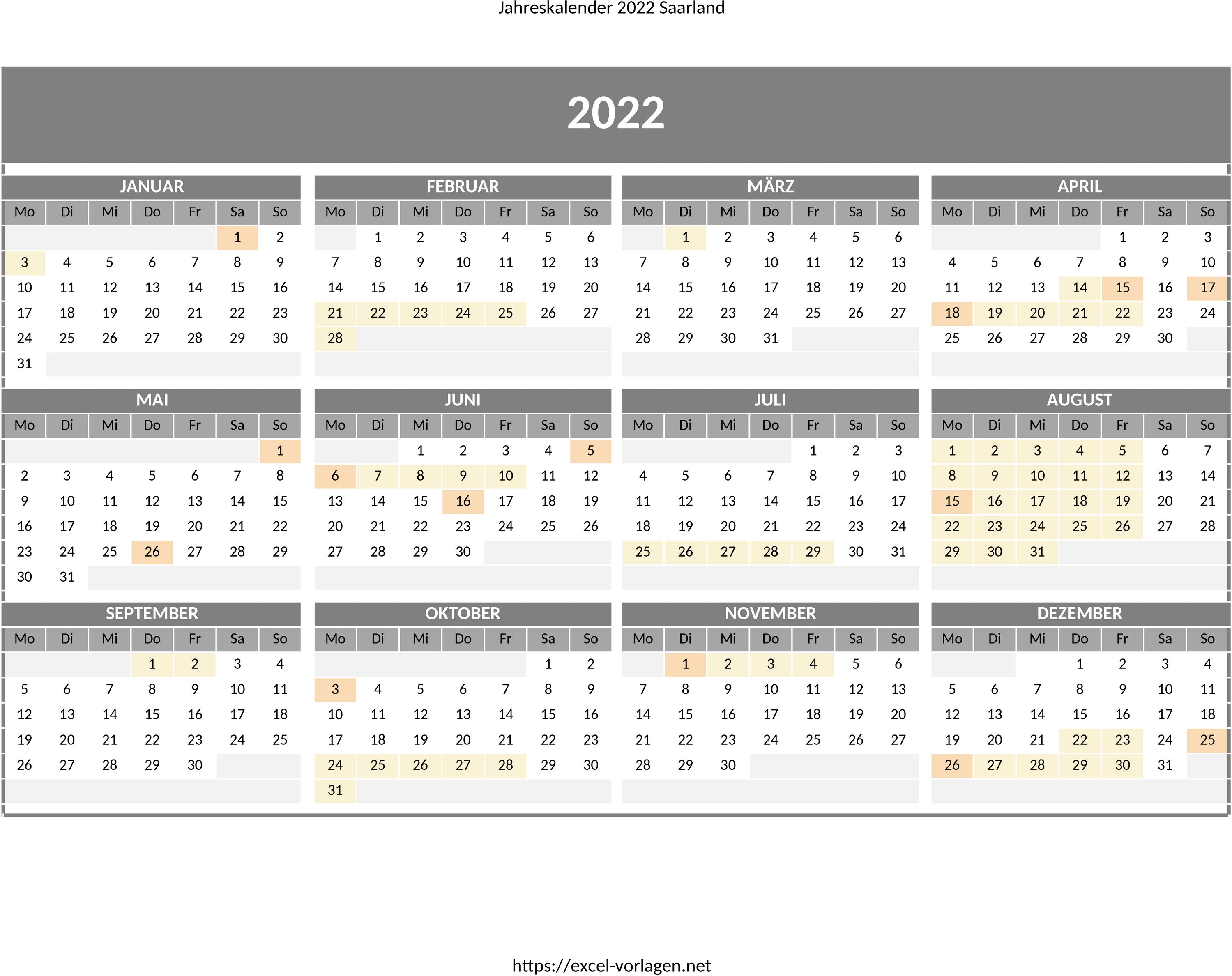 Excel-Vorlage: Jahreskalender 2022 für das Saarland