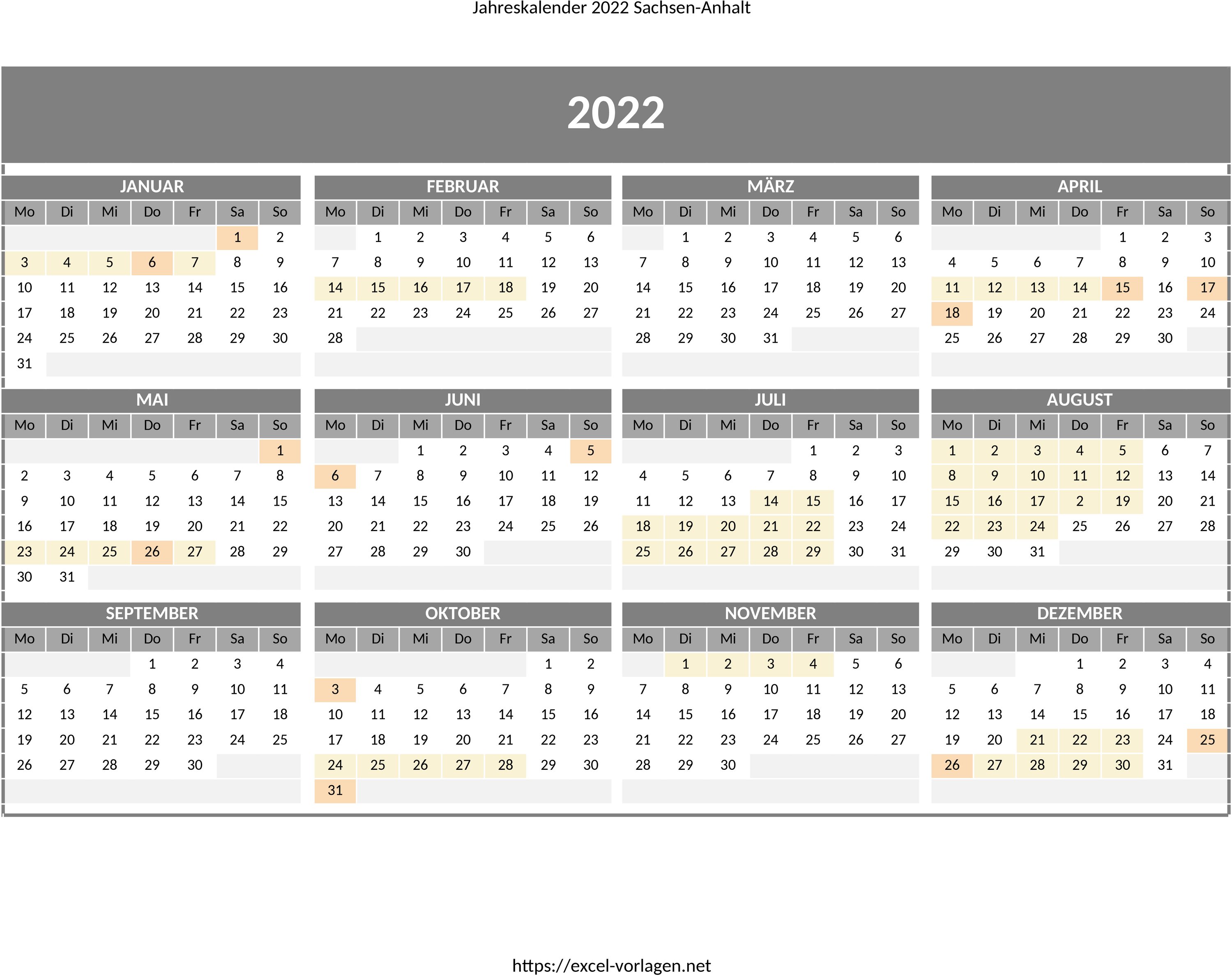 Excel-Vorlage für Jahreskalender 2022 Sachsen-Anhalt