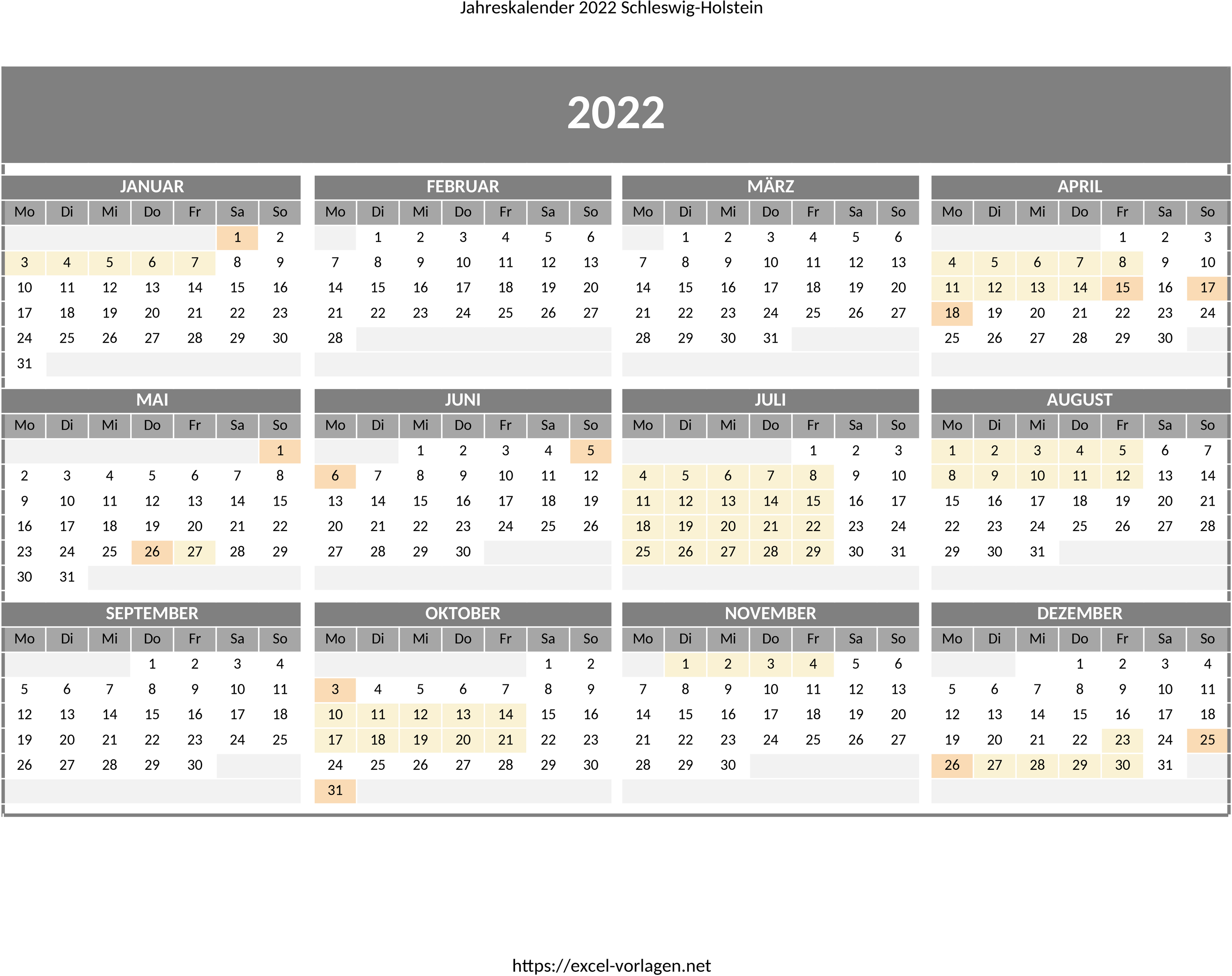 Excel-Vorlage Jahreskalender 2022 Schleswig-Holstein