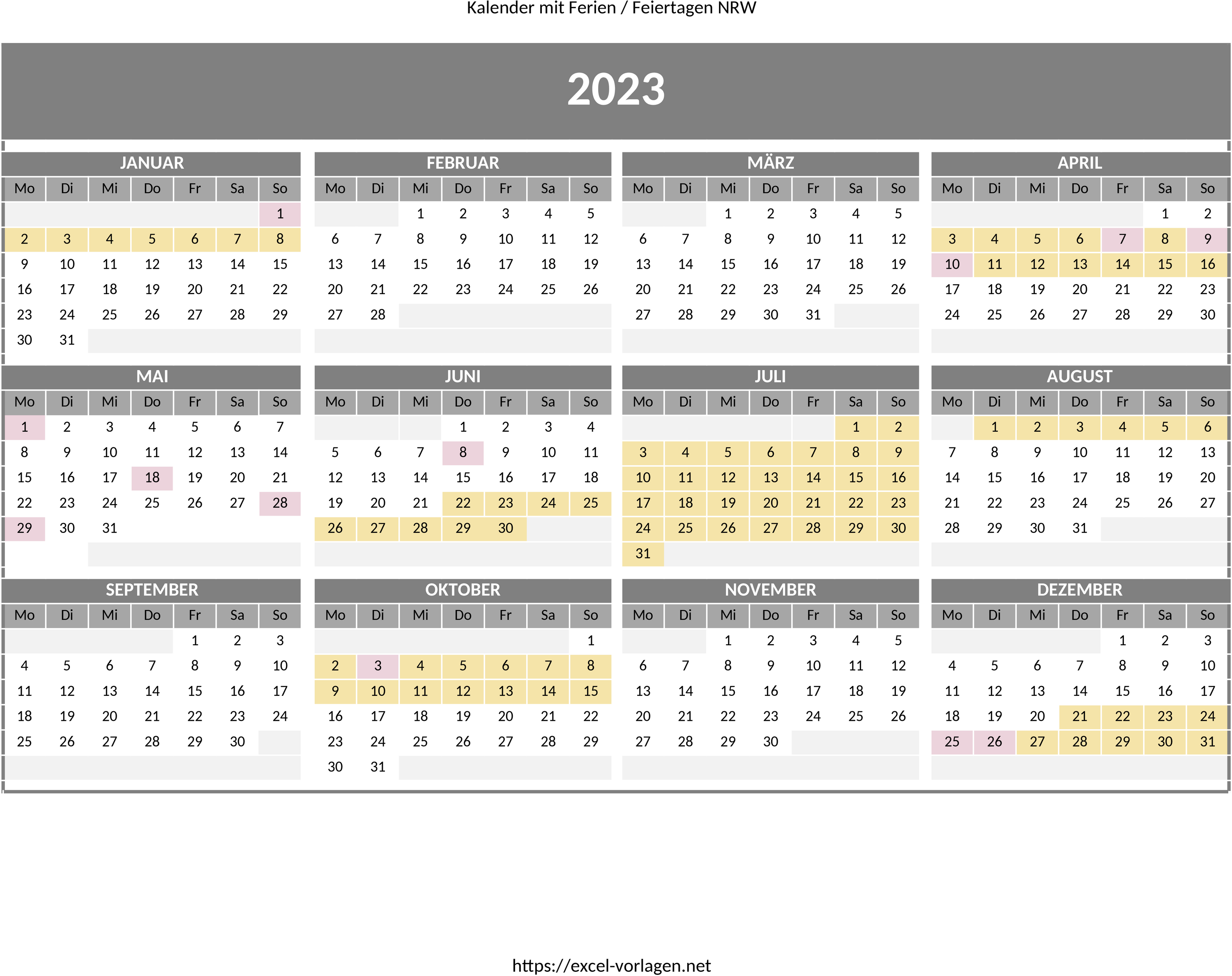Excel-Vorlage für Jahreskalender 2023 NRW