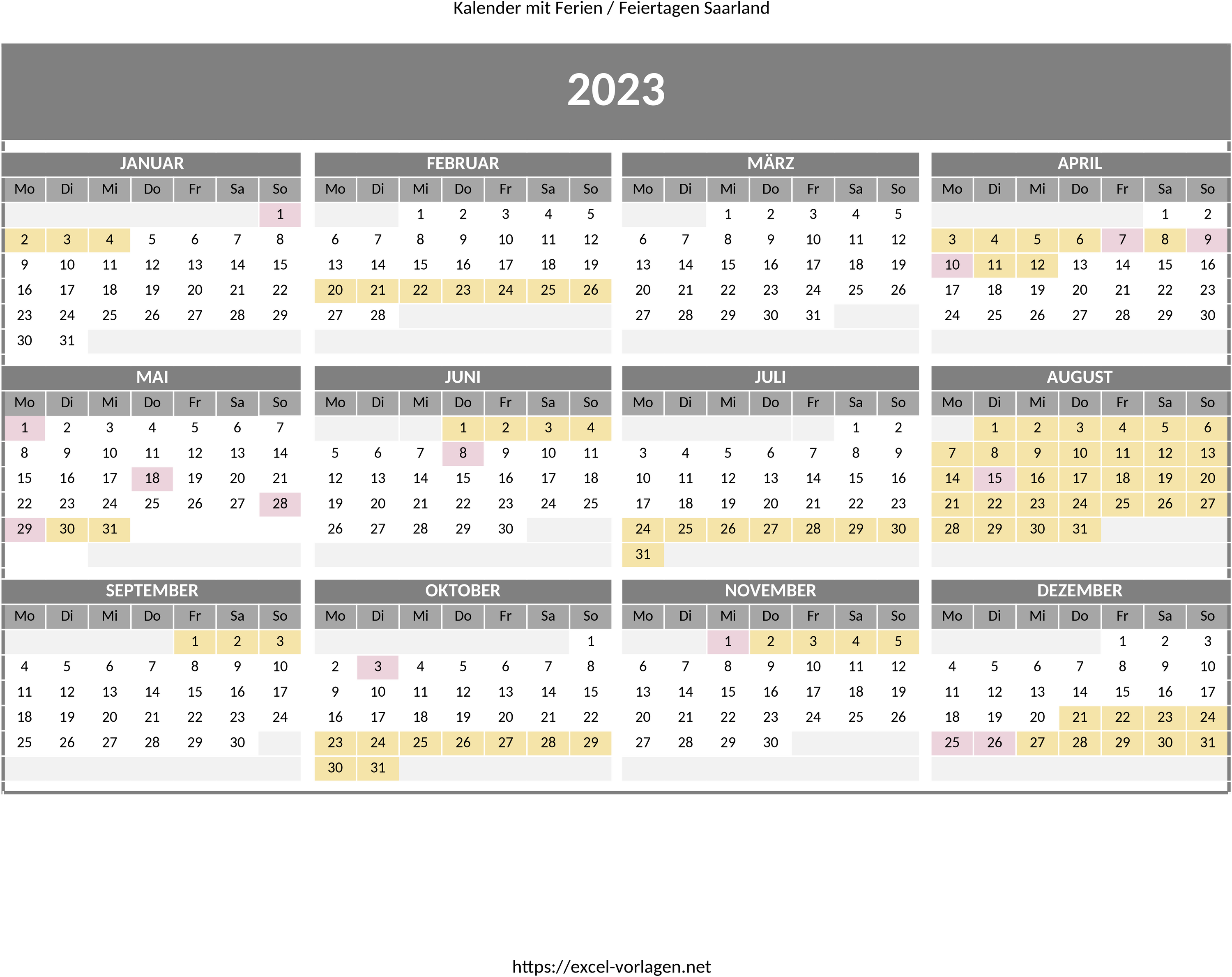 Jahreskalender 2023 Excel-Vorlage für Saarland
