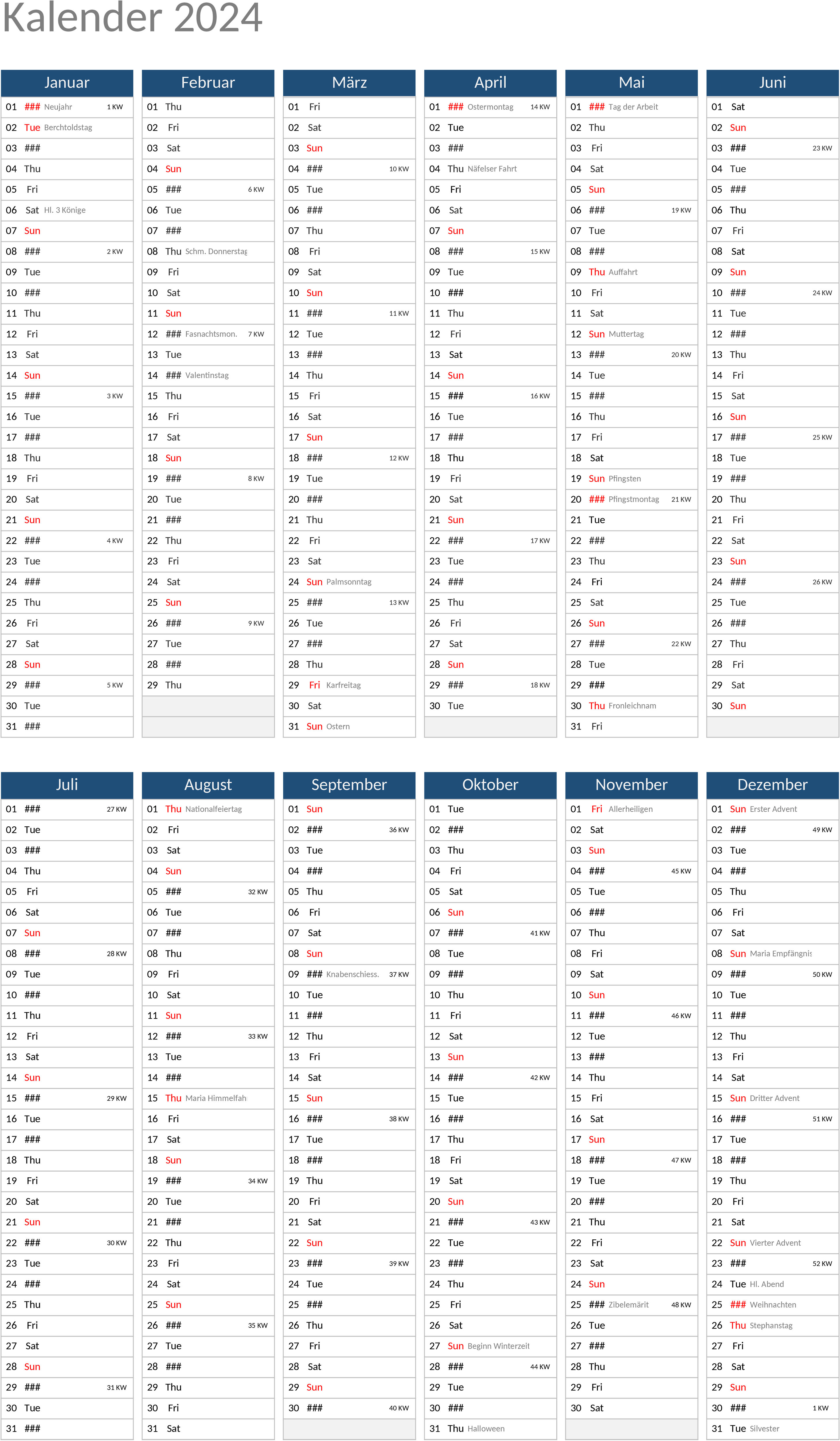 Excel-Vorlage: Jahreskalender 2024 im Hochformat