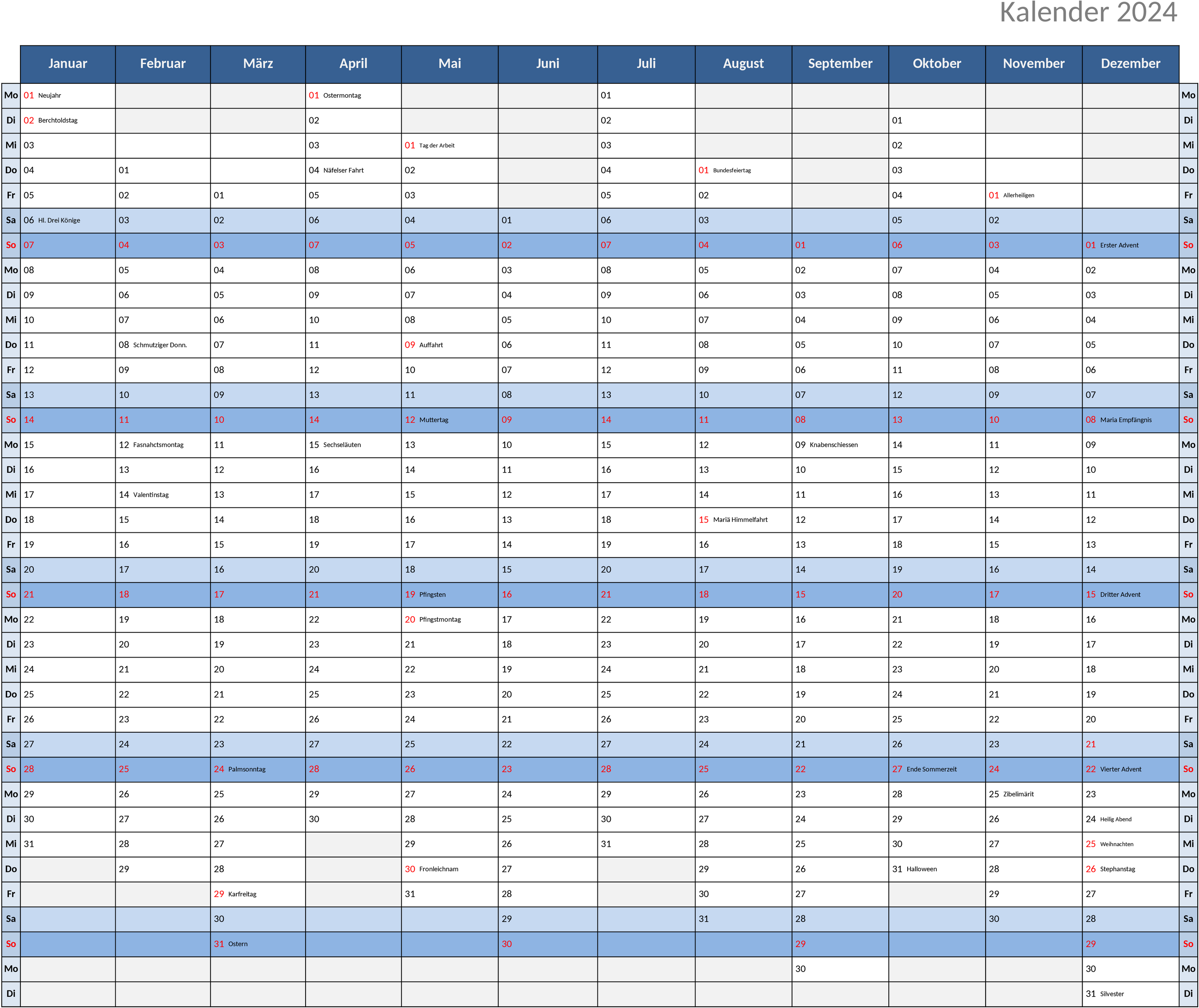 Jahreskalender 2024 im Querformat als Schichtplaner Excel-Datei