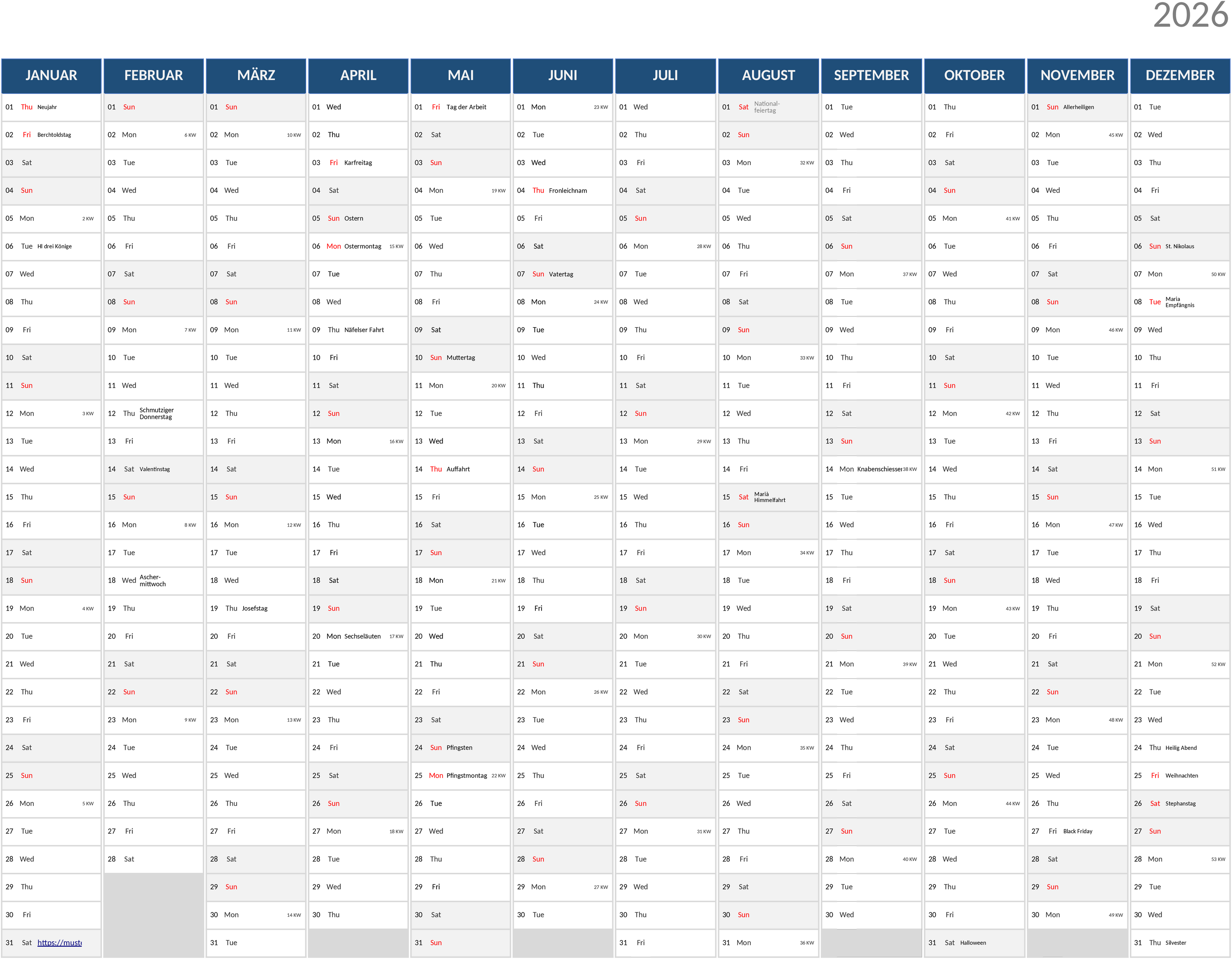Excel-Vorlage Jahreskalender 2026 Querformat Blau