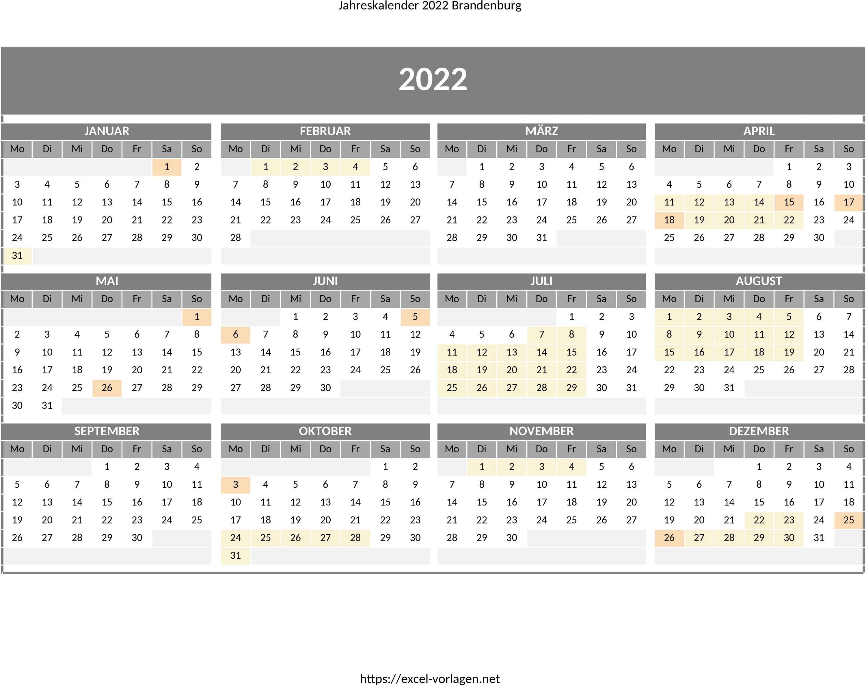 Excel-Vorlage für Jahreskalender Brandenburg 2022