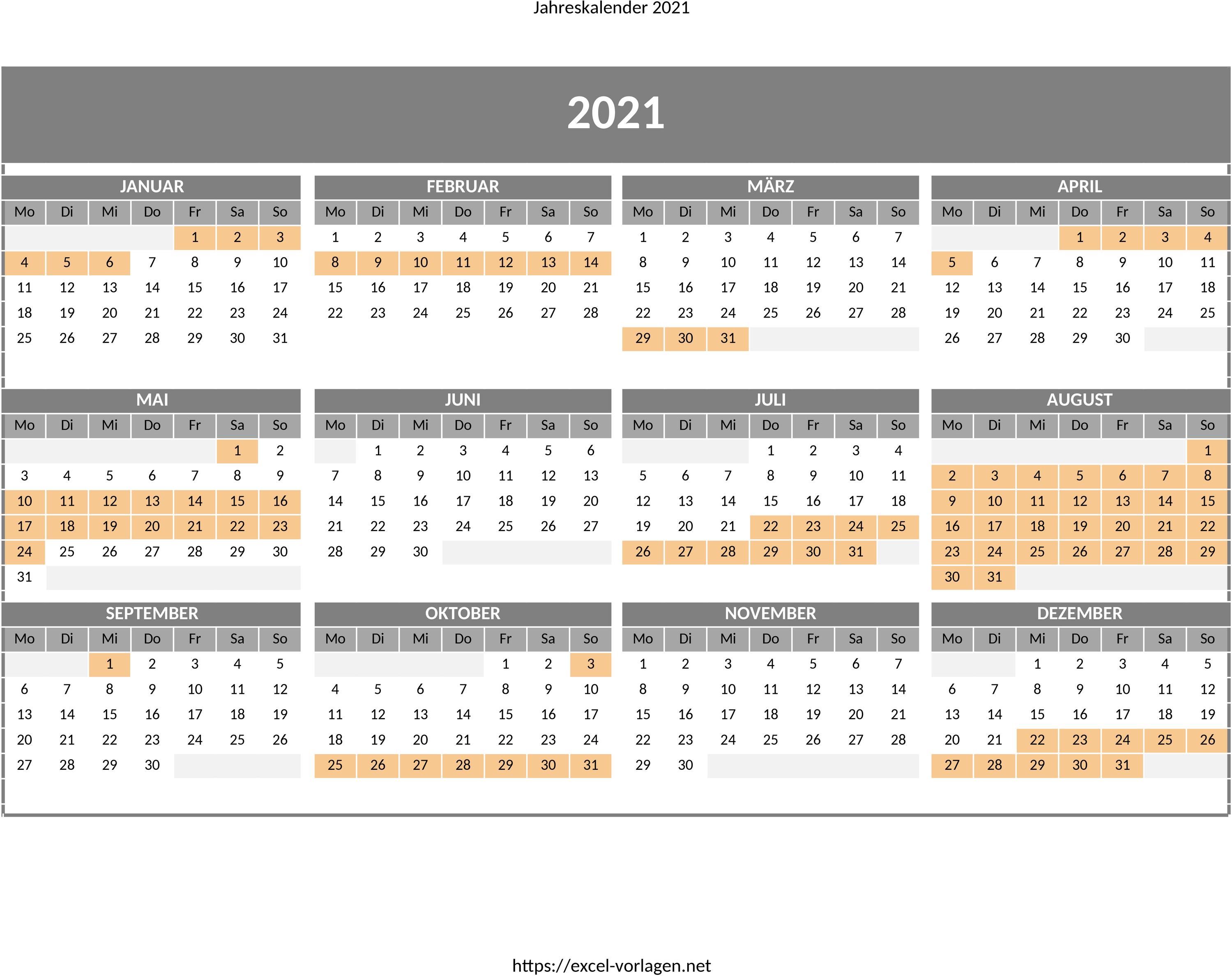 Excel-Template Jahreskalender mit Feiertagen Sachsen-Anhalt