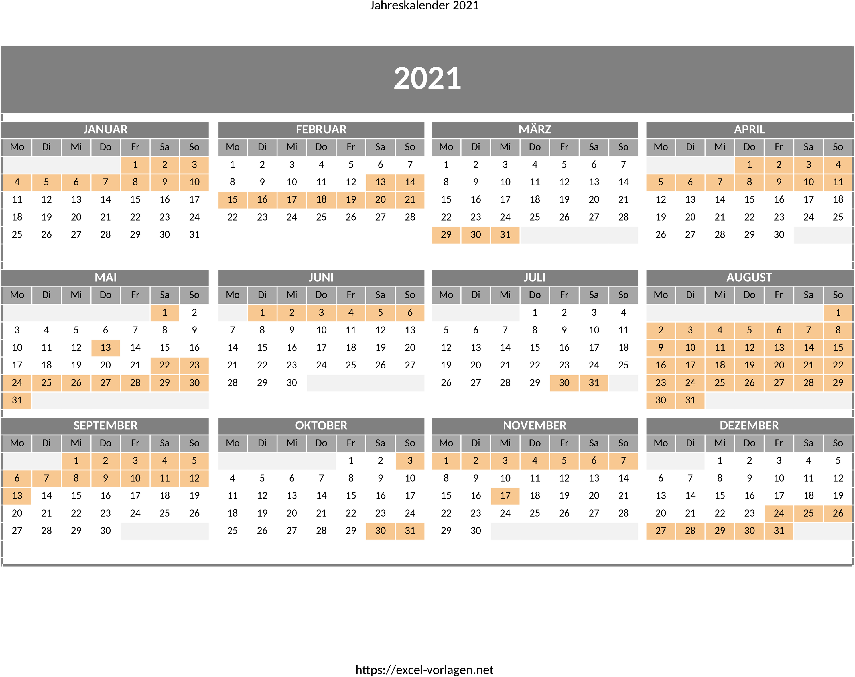 Excel-Vorlage Jahreskalender mit Feiertagen in Bayern