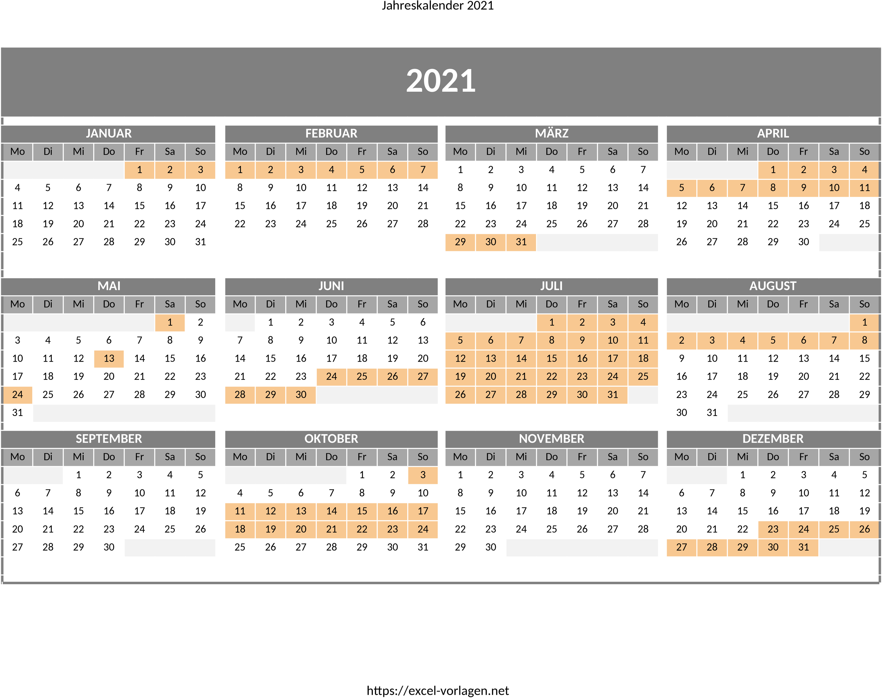 Jahreskalender Excel-Vorlage für Feiertage in Brandenburg