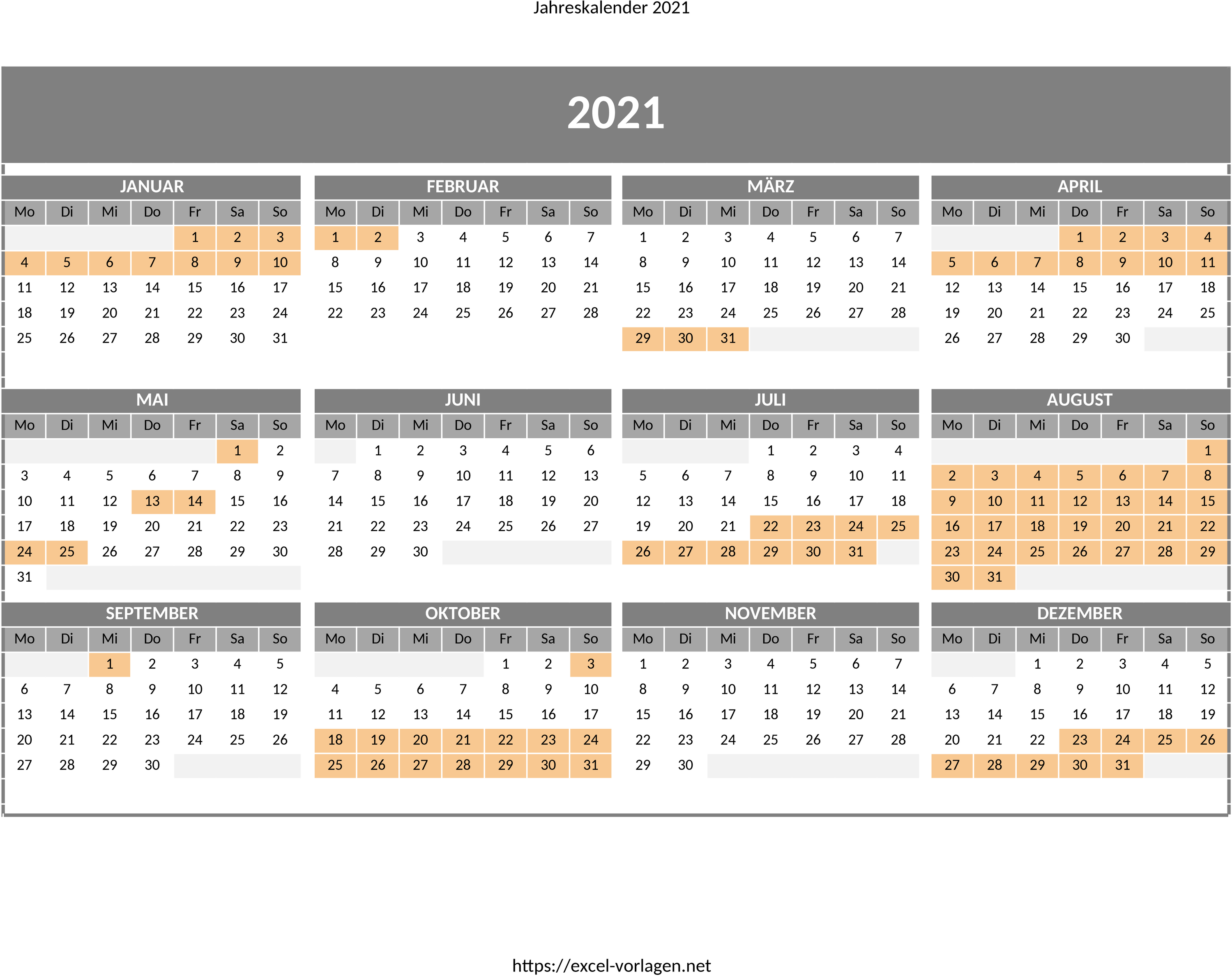 Excel-Jahreskalender mit Ferien Niedersachsen 2021