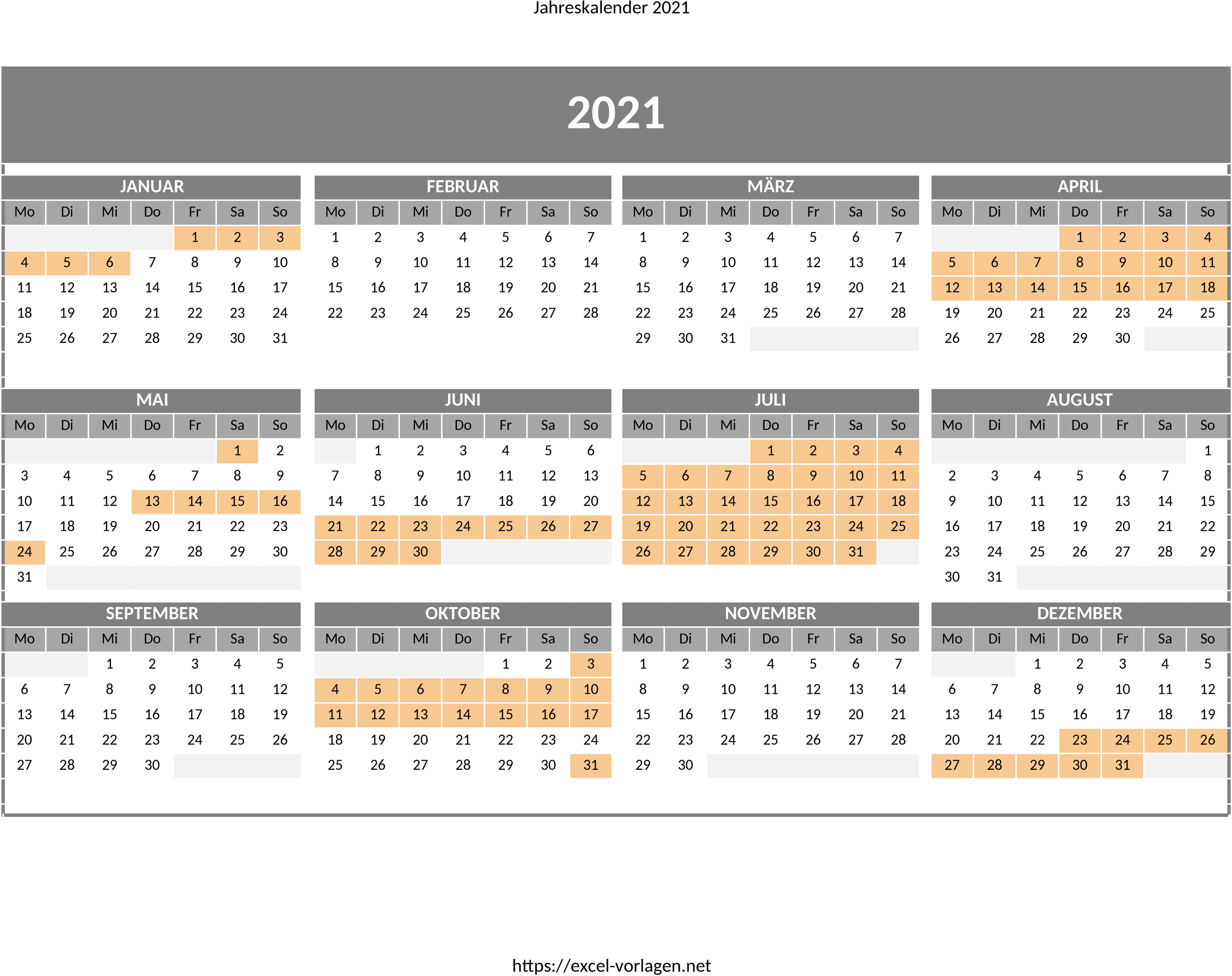 Excel-Jahreskalender mit Feiertagen für Schleswig-Holstein