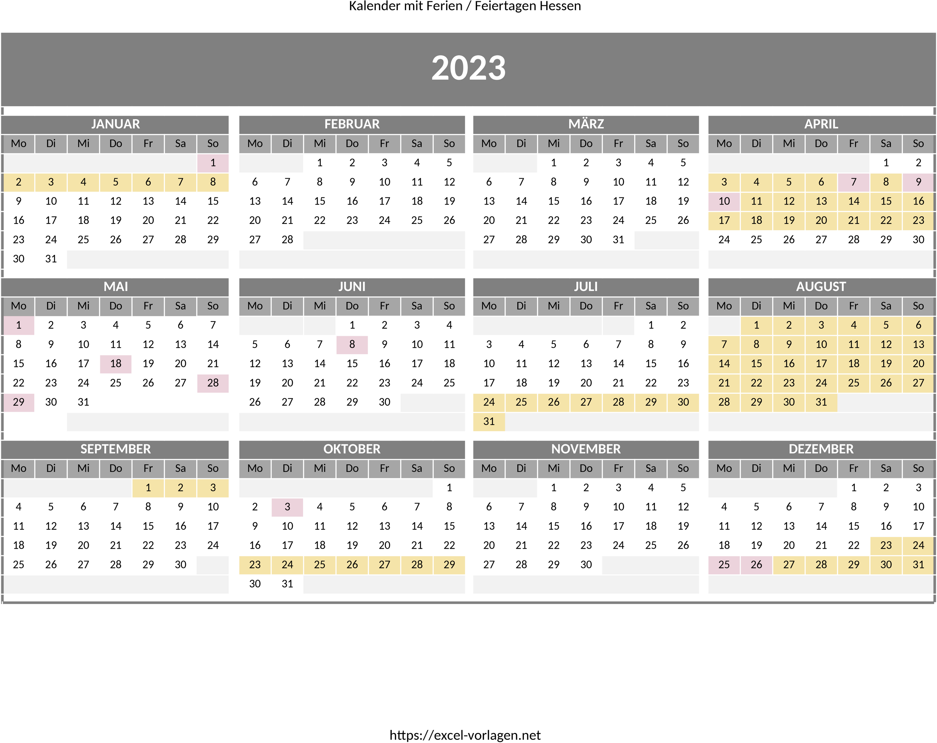 Excel-Vorlage Jahreskalender 2023 für Hessen