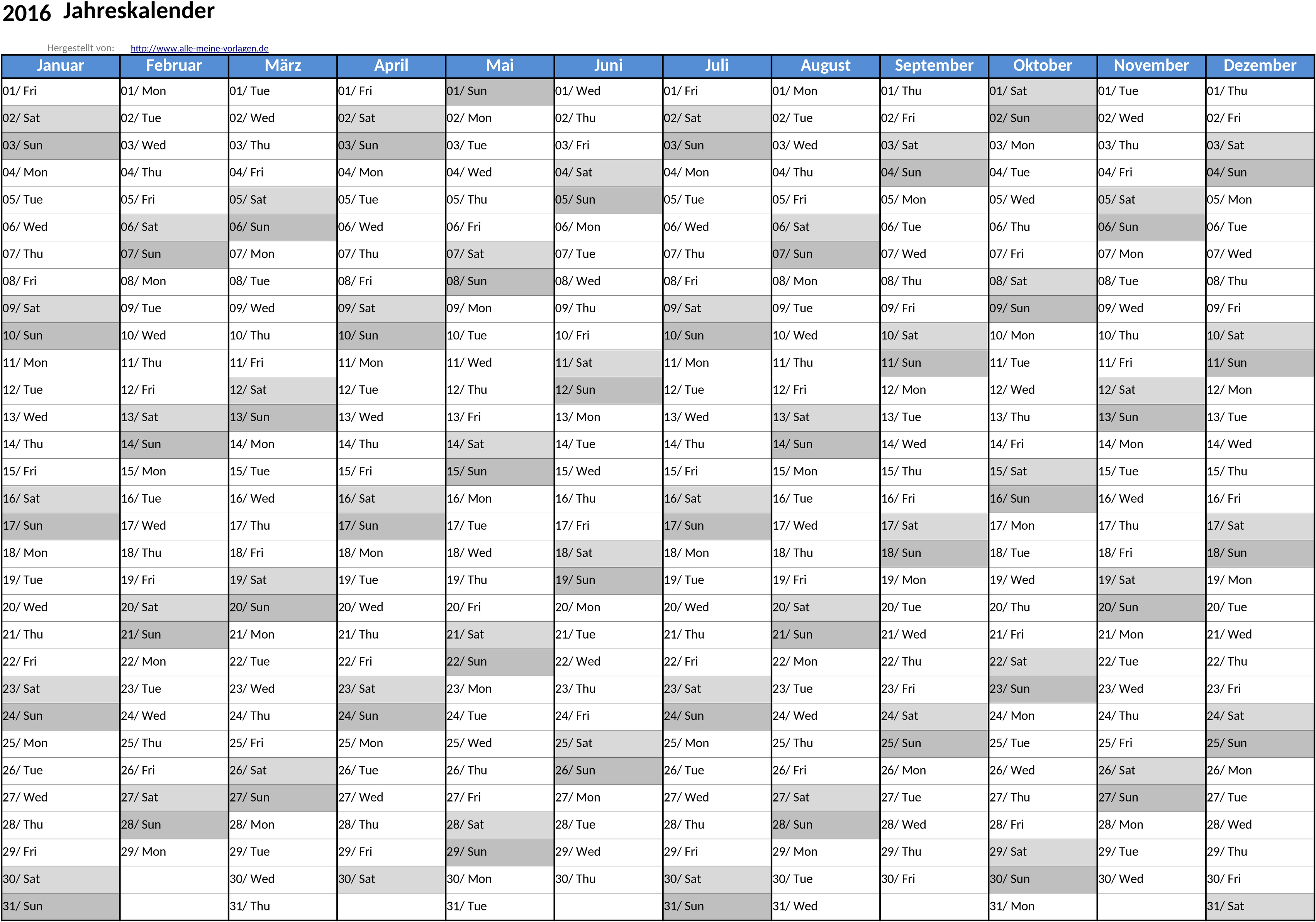 Excel-Vorlage für Jahreskalender im A4-Querformat