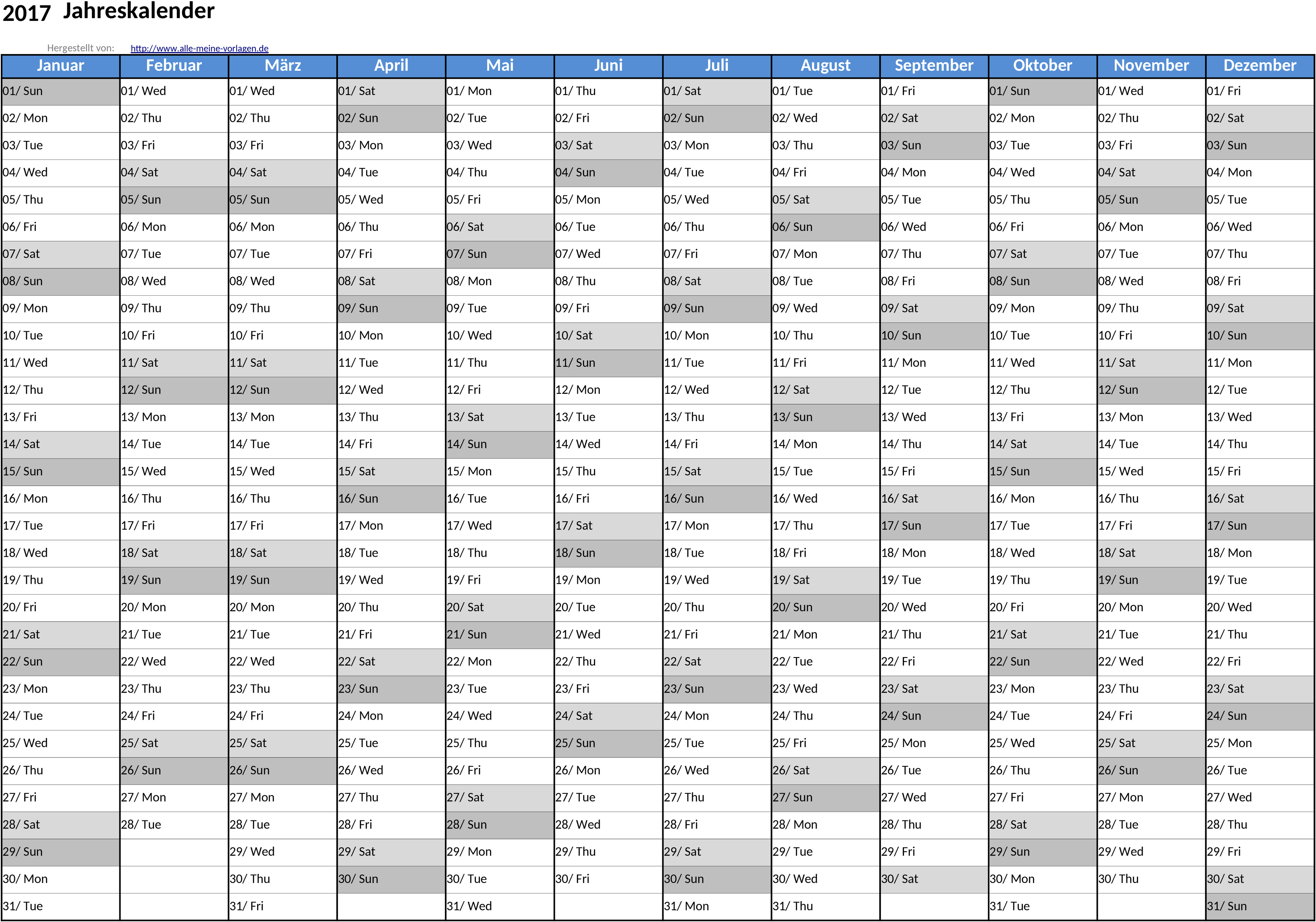 Excel-Vorlage: Jahreskalender 2017 im A4 Querformat