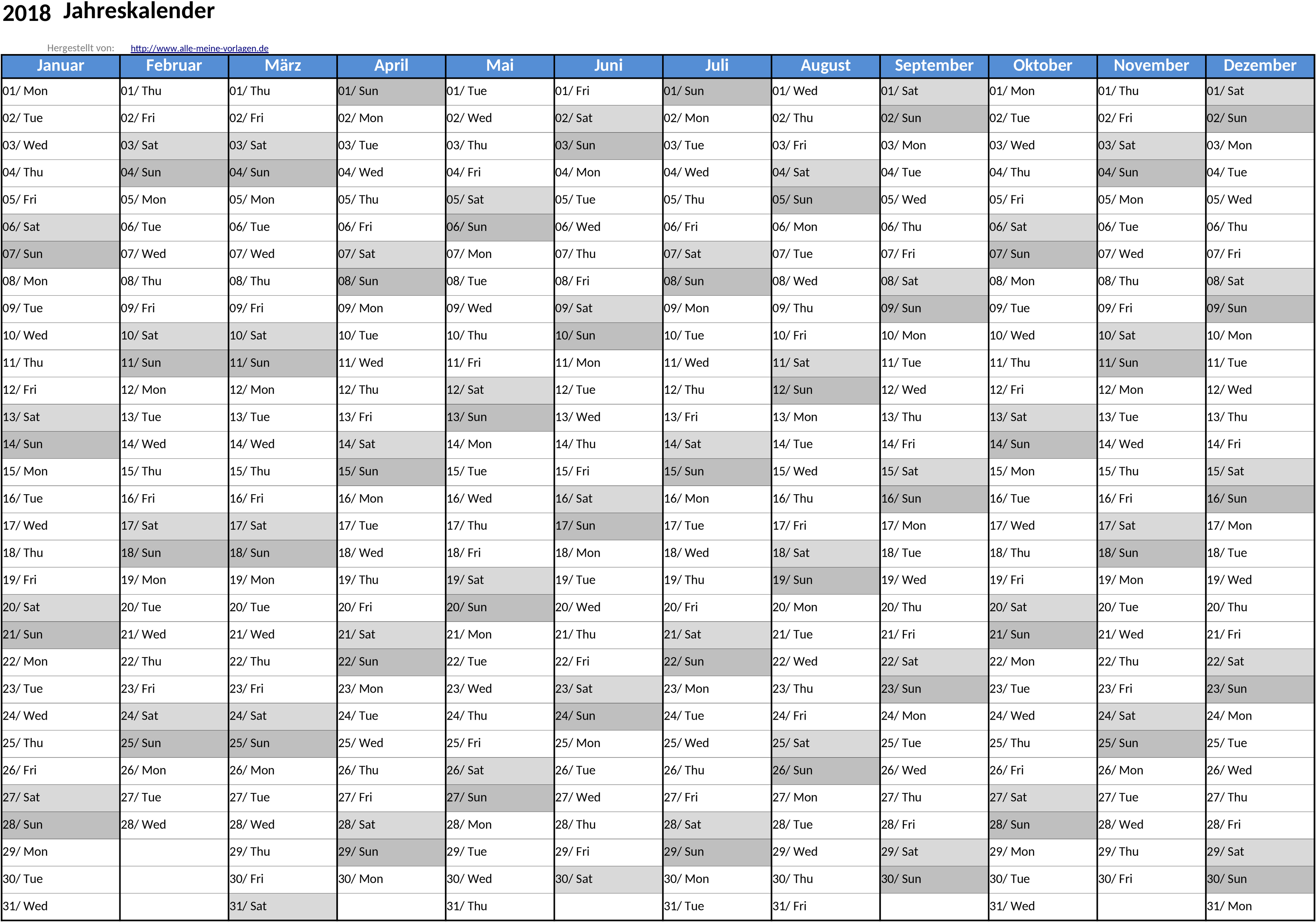 Excel-Kalender 2018 im A4-Querformat