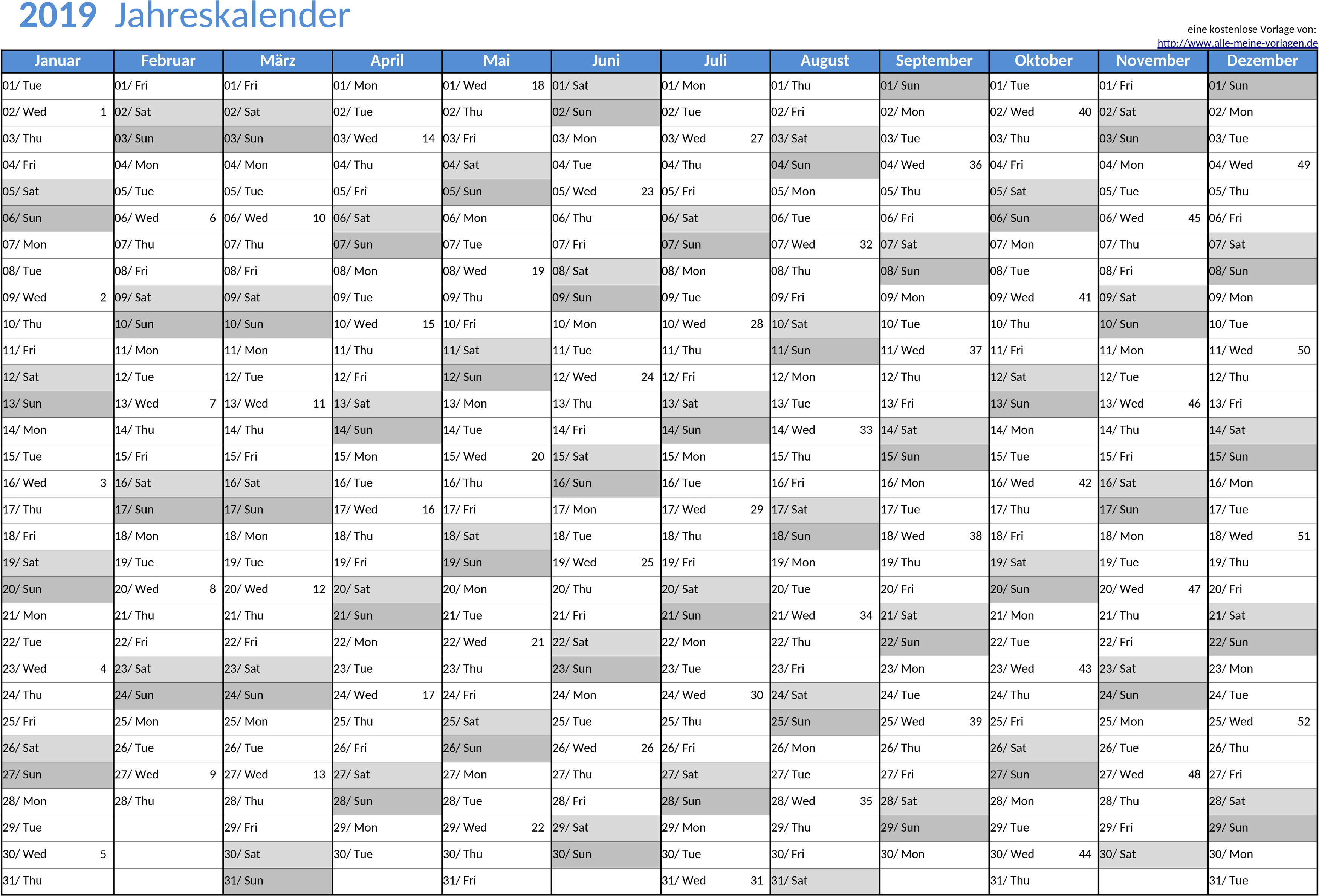 Excel-Kalender 2019 im A4-Querformat